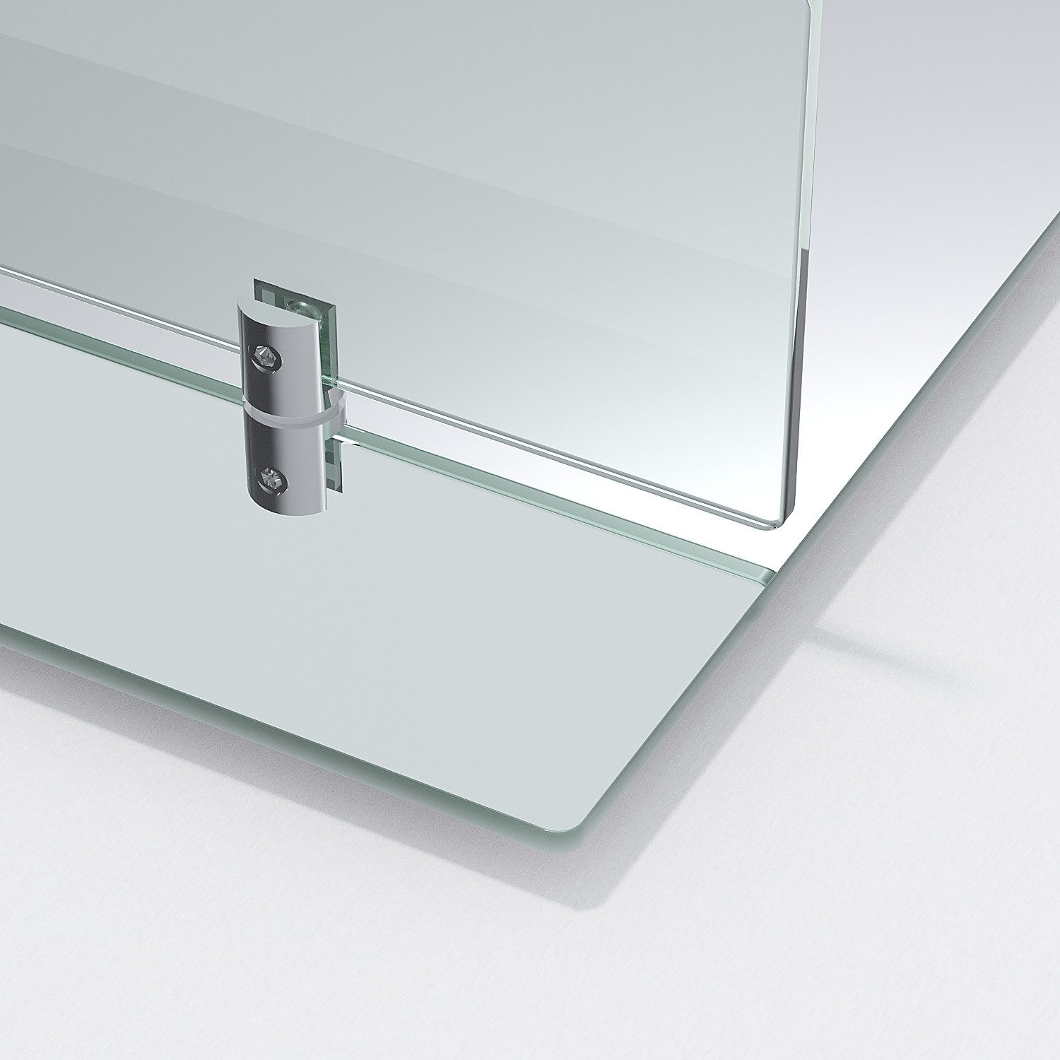 Nahaufnahme eines Glasregals, das an einer Wand befestigt ist, mit klarem Hintergrund.