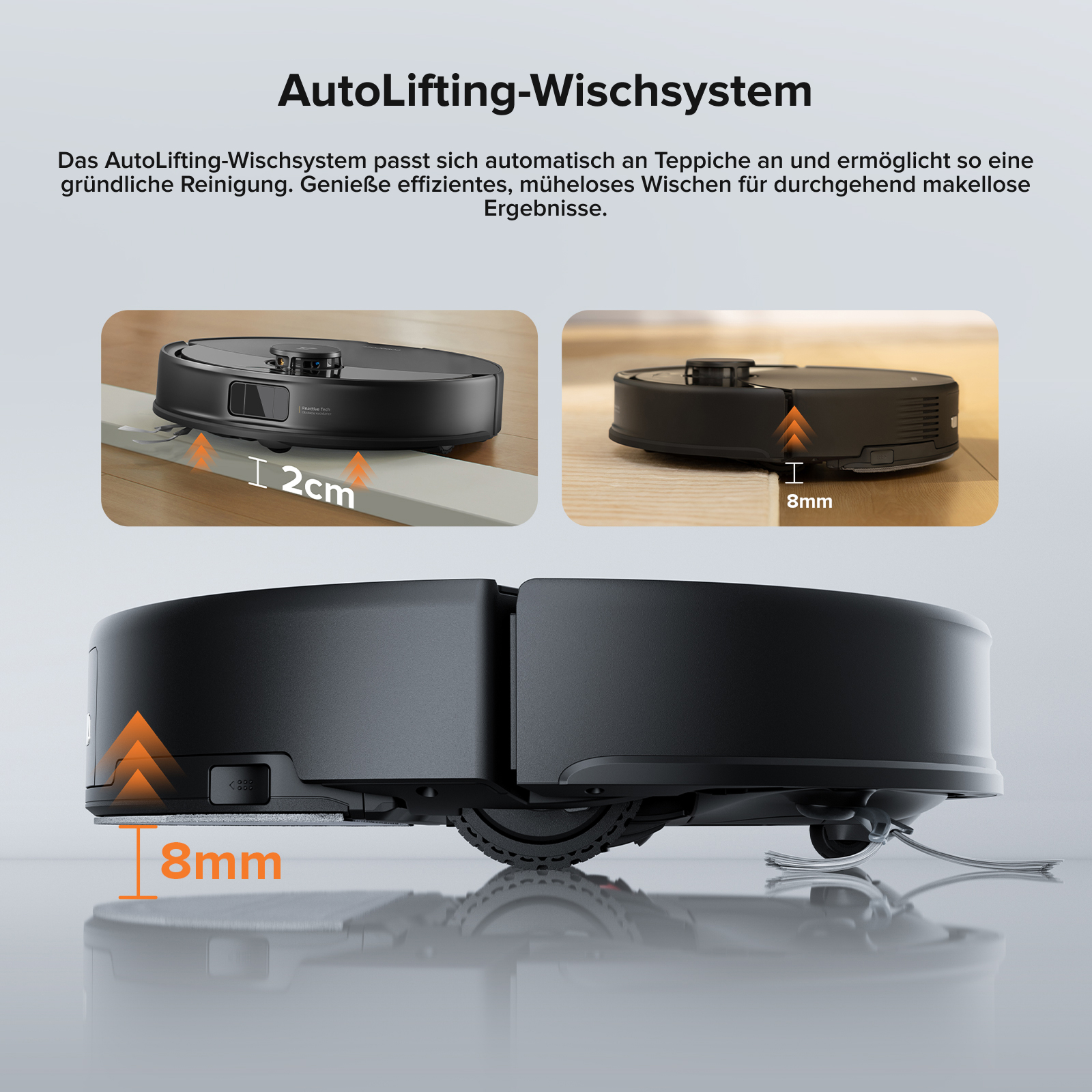 Aspirapolvere robot che pulisce. Mostra il sistema di sollevamento automatico, con misure di 2 cm e 8 mm per tappeti e pavimenti.