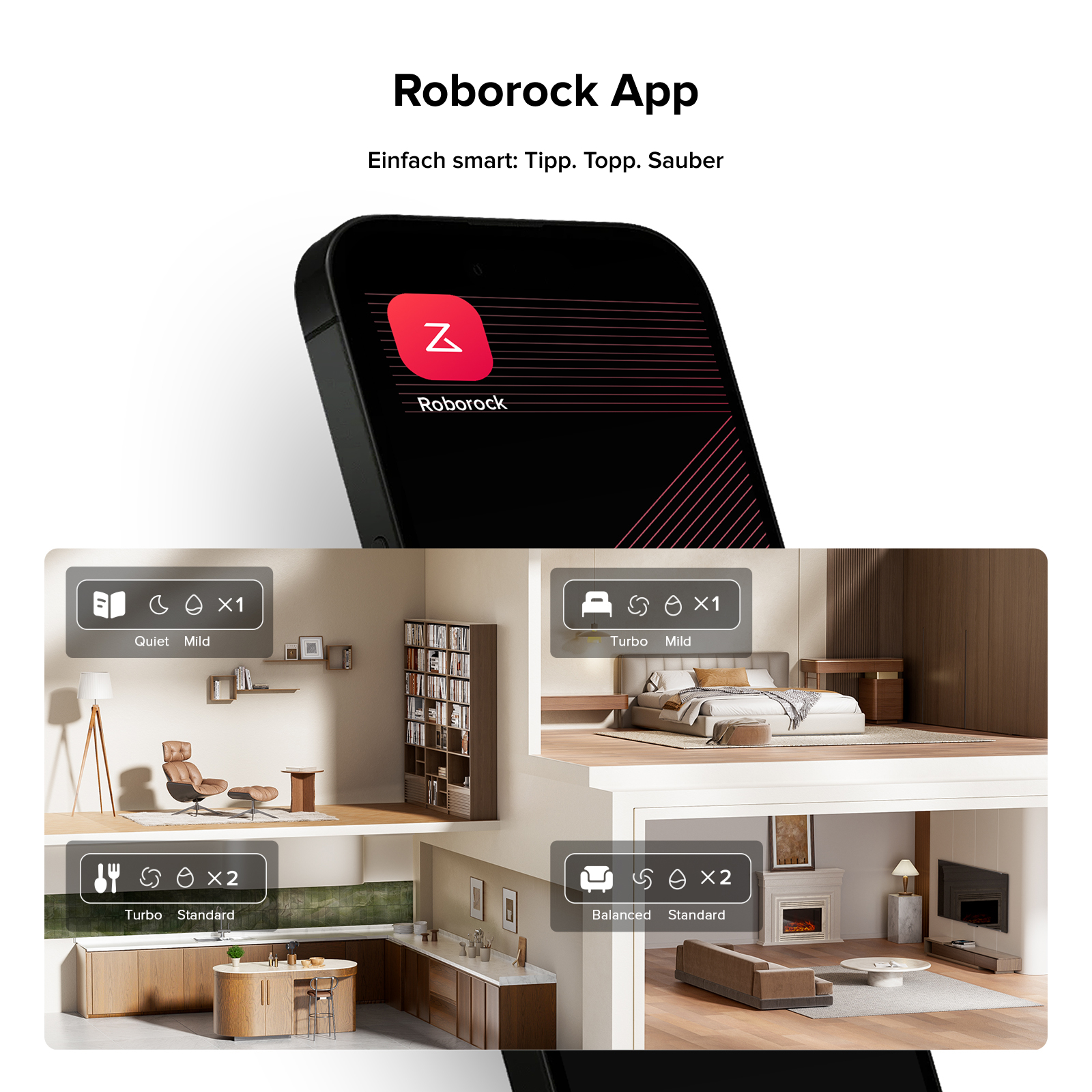 Uno smartphone che mostra l'interfaccia dell'app Roborock. Vengono mostrate scene di diverse stanze.