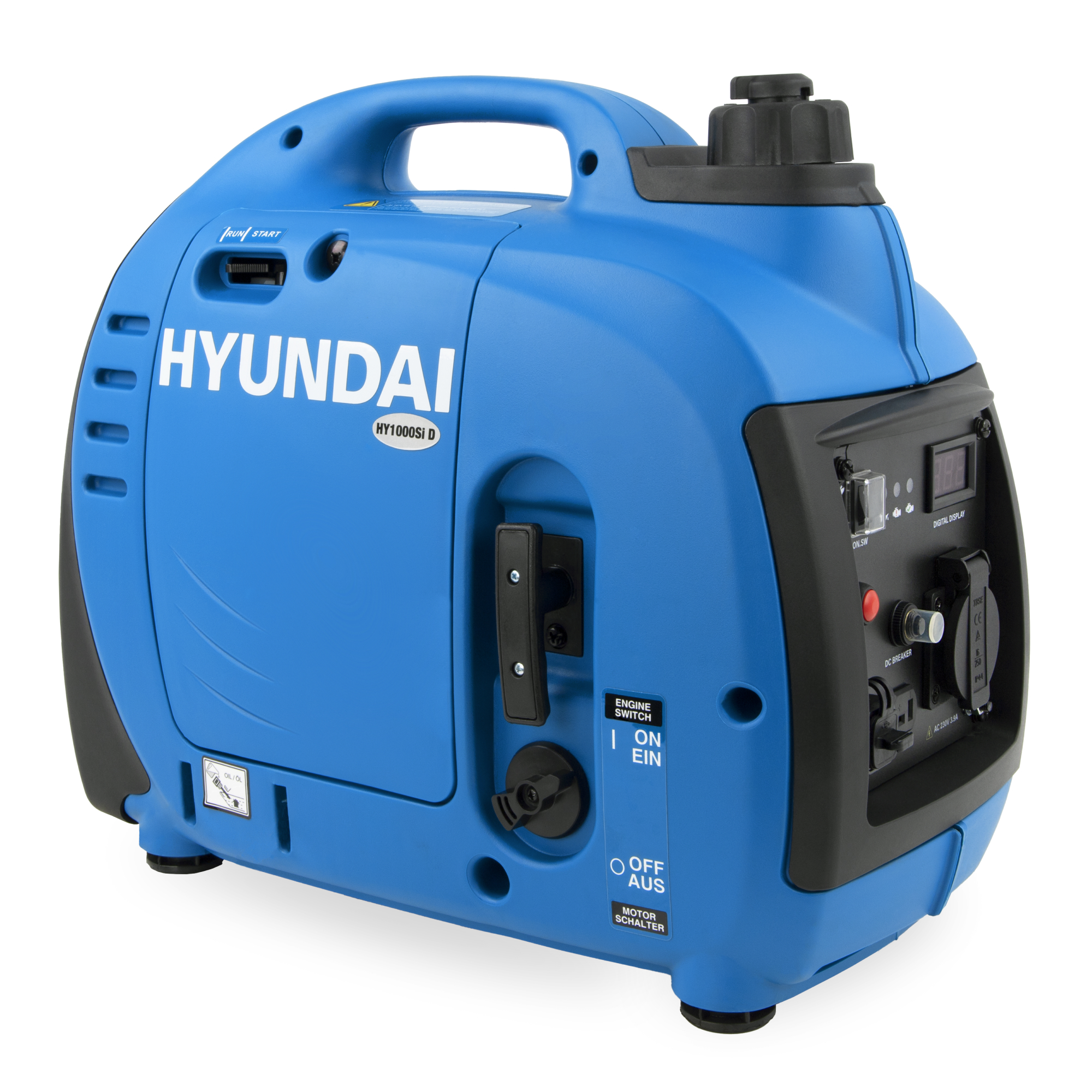 Ein blauer Hyundai-Generator mit schwarzen Akzenten, der verschiedene Anschlüsse und eine Digitalanzeige zeigt.