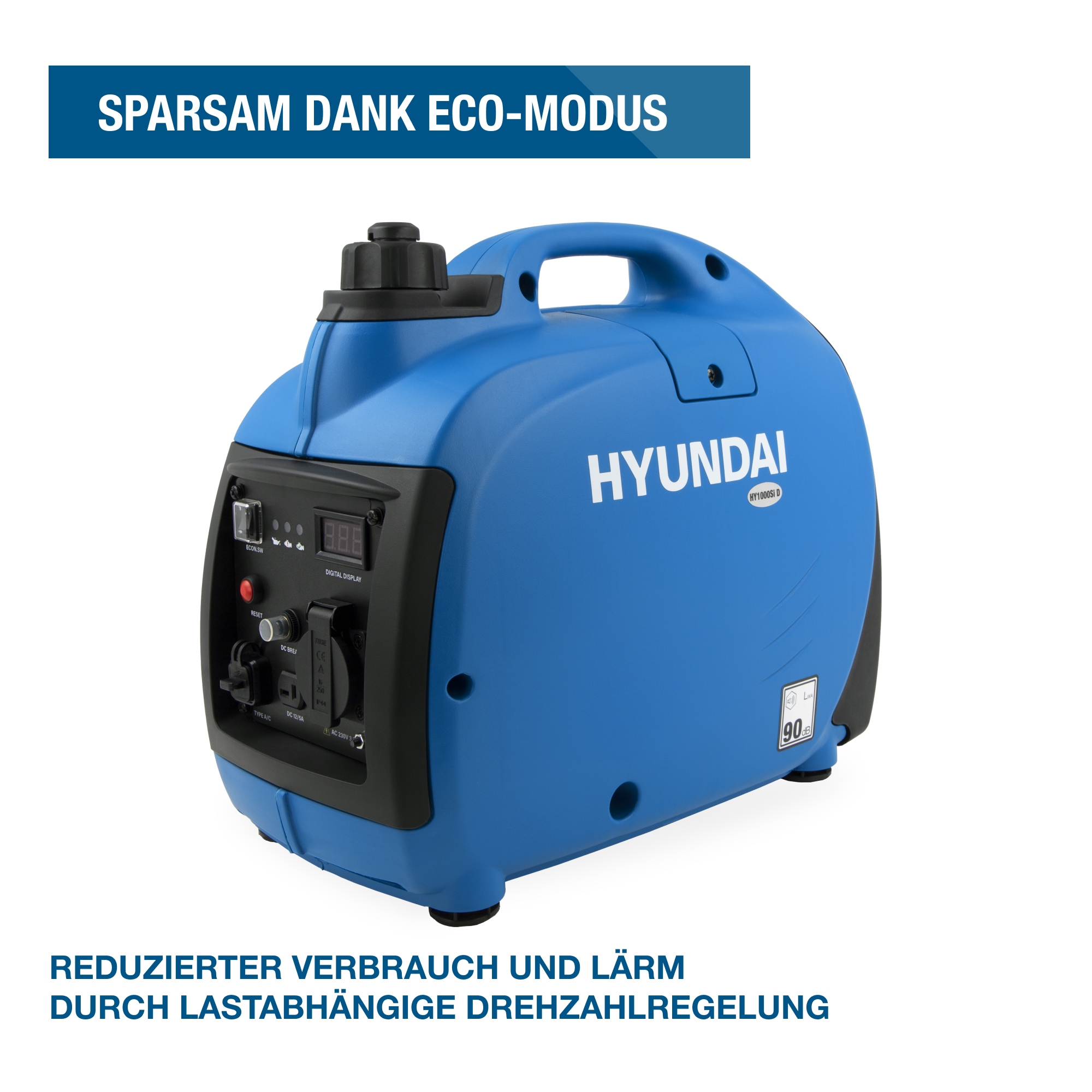 Ein blauer Hyundai-Generator mit Text, der Kraftstoffeffizienz und Geräuschreduzierung hervorhebt.