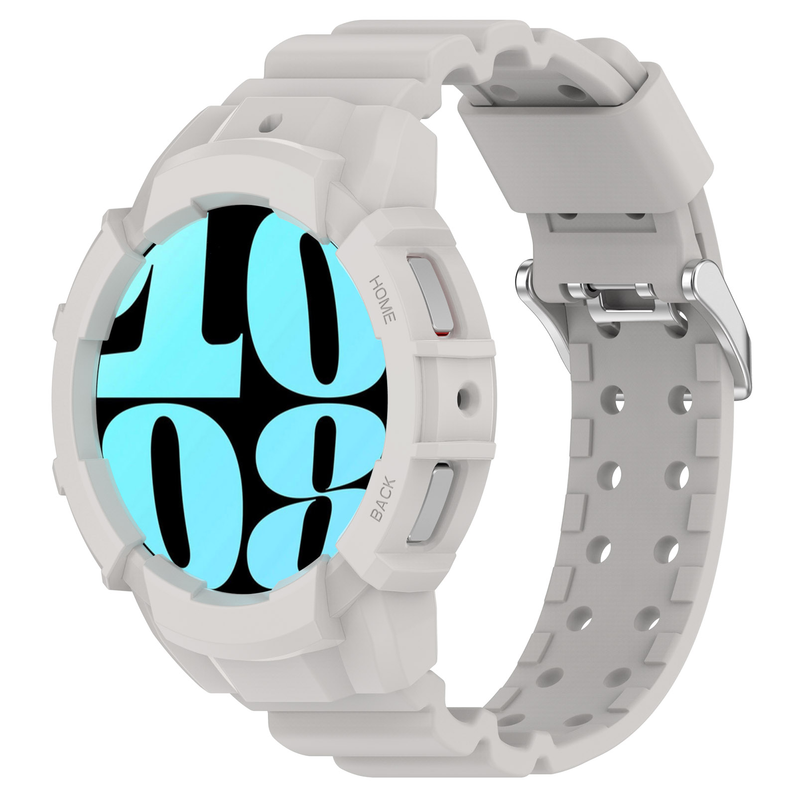 Smartwatch bianco con display rotondo. Schermo blu che mostra l'ora. Cinturino e cassa bianchi.