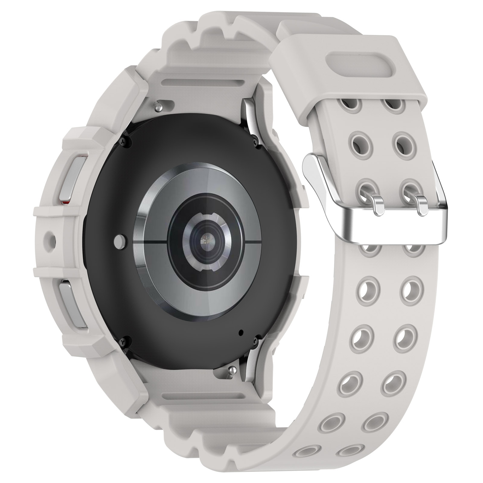 Cinturino bianco attaccato a uno smartwatch nero. Il cinturino ha una fibbia argentata.