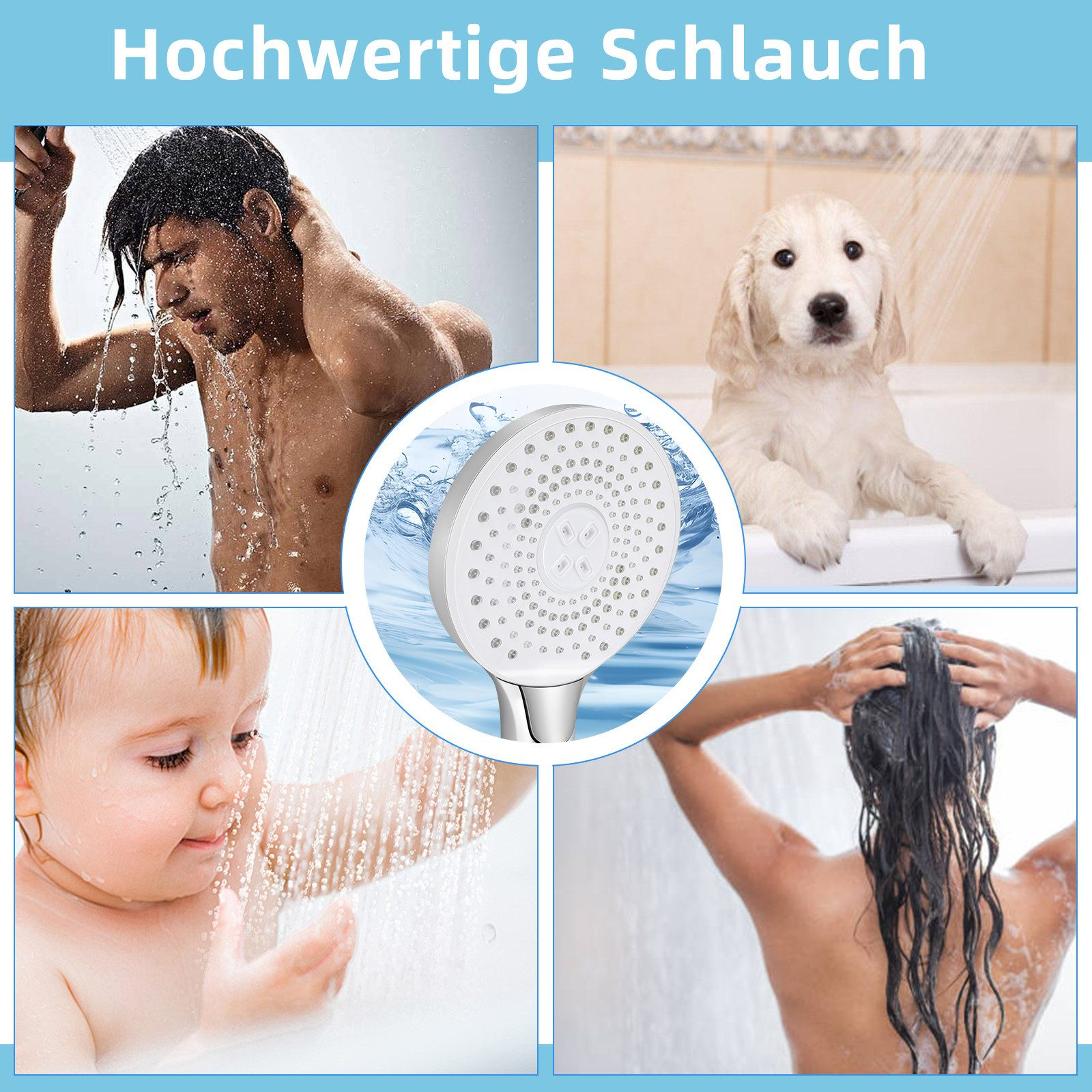 Kolaż przedstawiający głowicę prysznicową w użyciu z różnymi ludźmi i psem. Tekst nad głowicą.