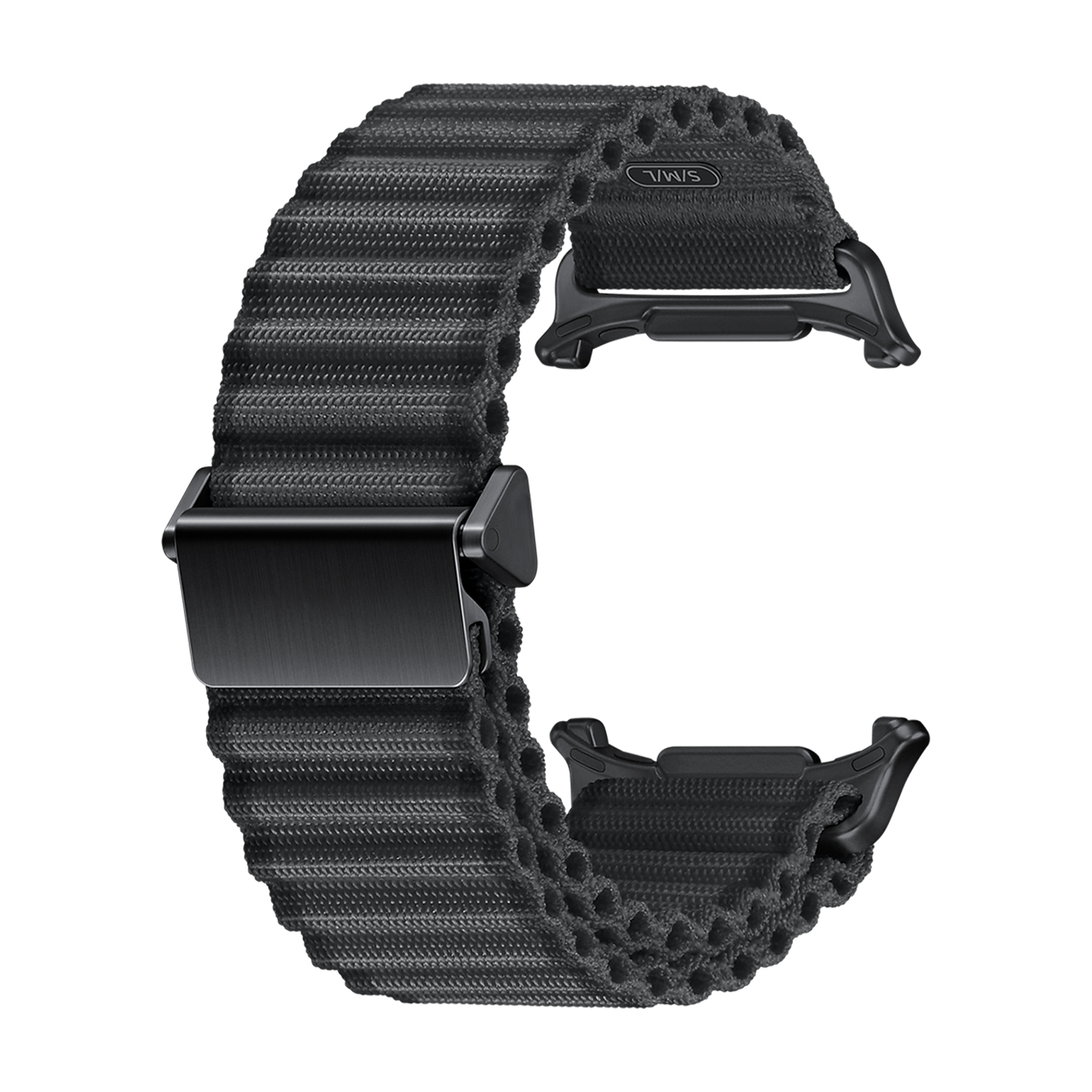 Cinturino nero per orologio con chiusura magnetica. Il cinturino è strutturato e ha un design moderno.