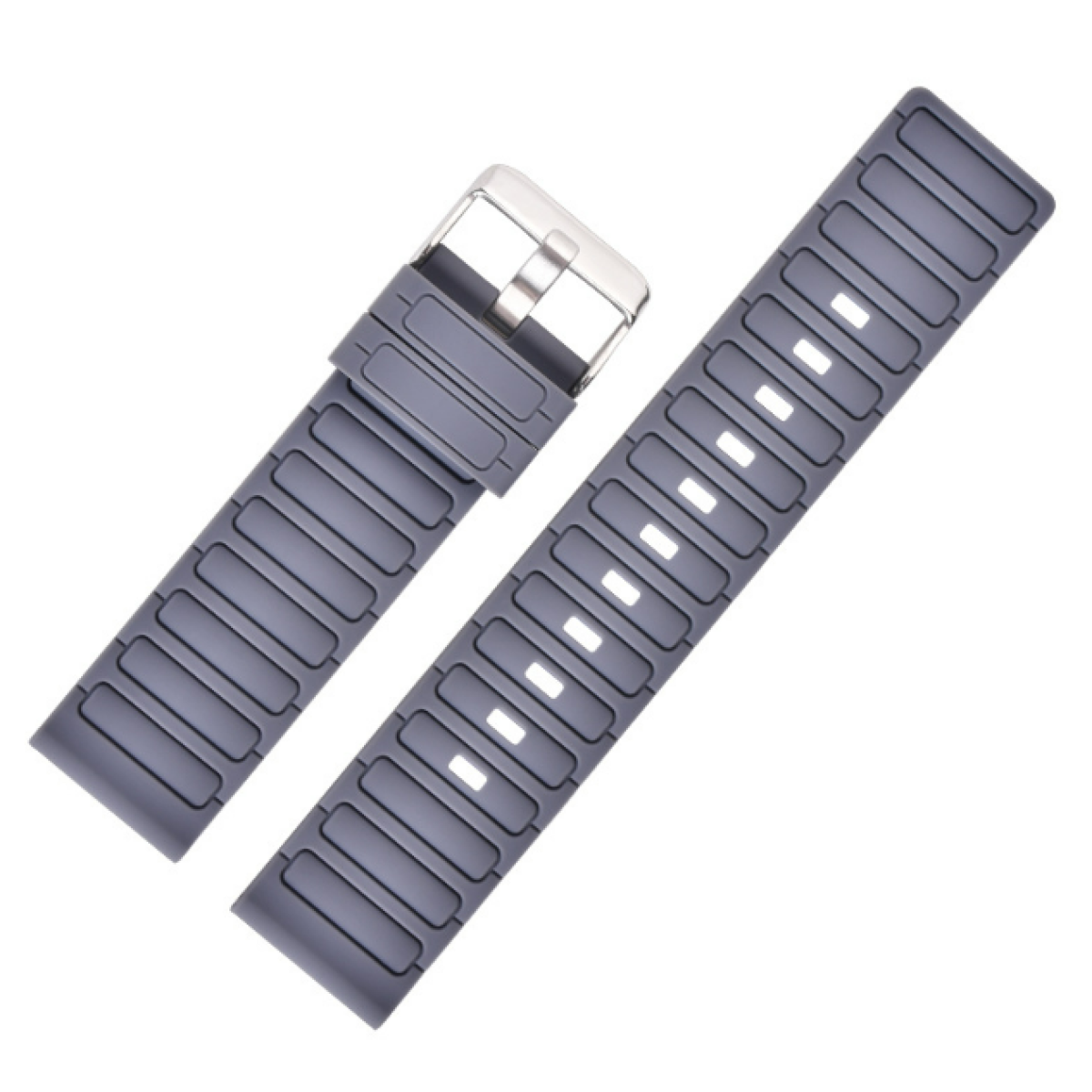 Graues Uhrenarmband mit silberner Schnalle. Das Armband besteht aus grauem Silikonmaterial. Weißer Hintergrund.