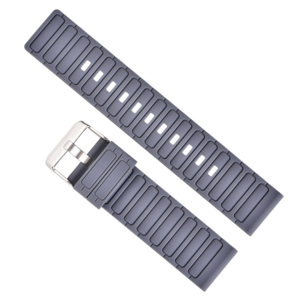 Zwei graue Uhrenarmbänder mit einer Metallschnalle.