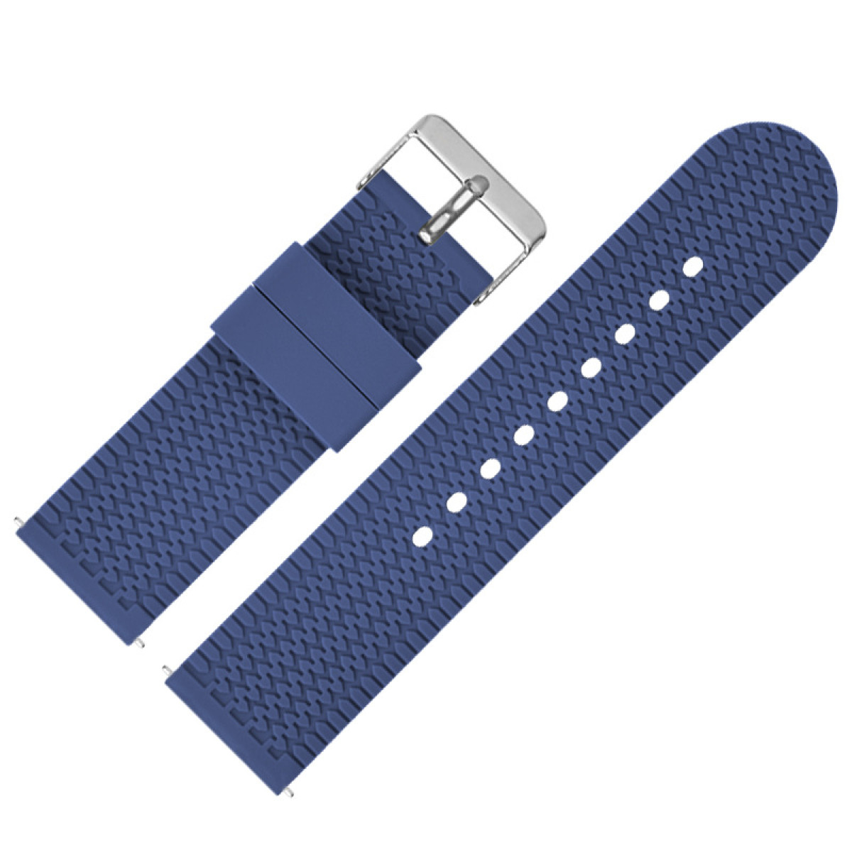 Zwei blaue Kautschuk-Uhrenarmbänder mit einer Metallschnalle.
