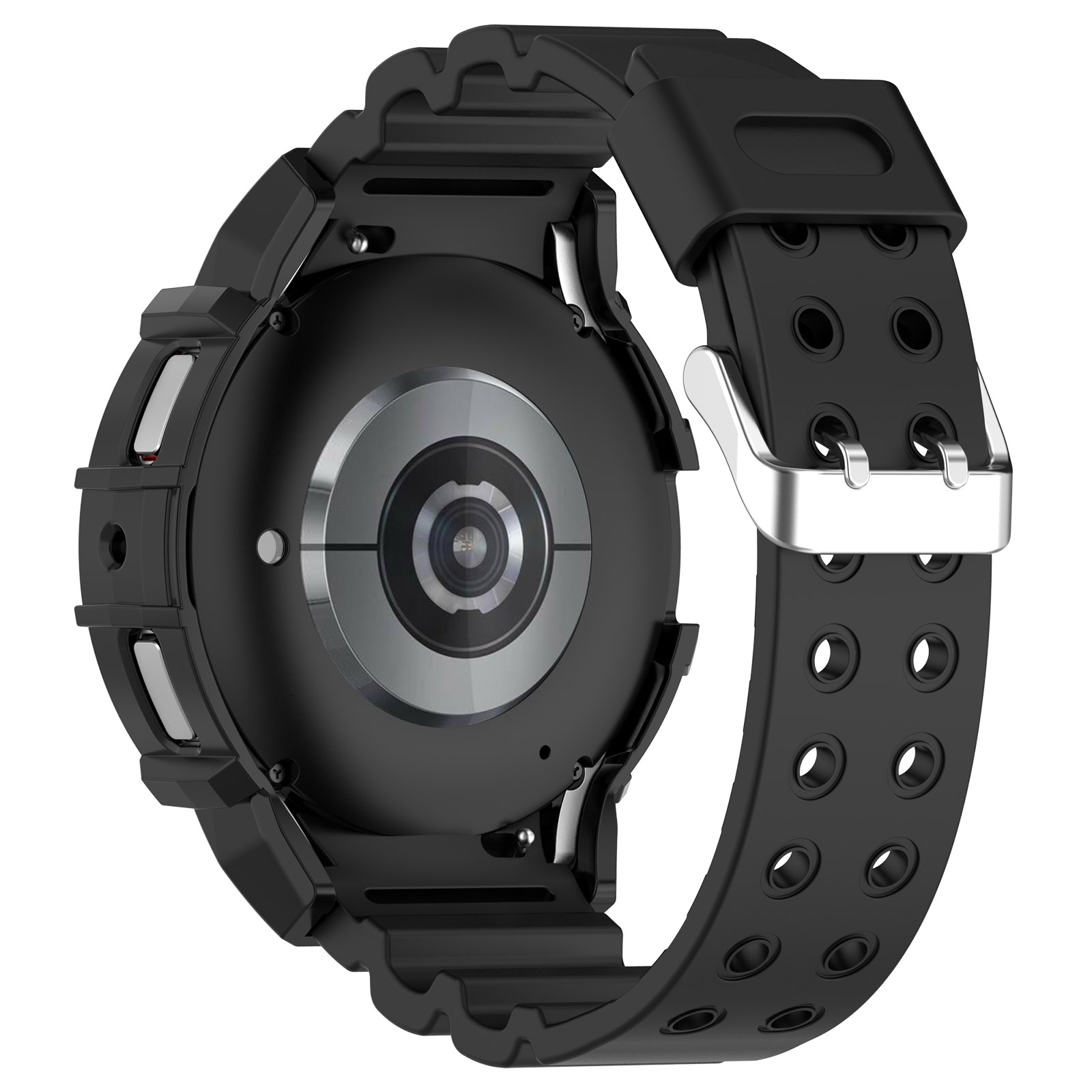 Uno smartwatch nero con cinturino nero. L'orologio è capovolto.