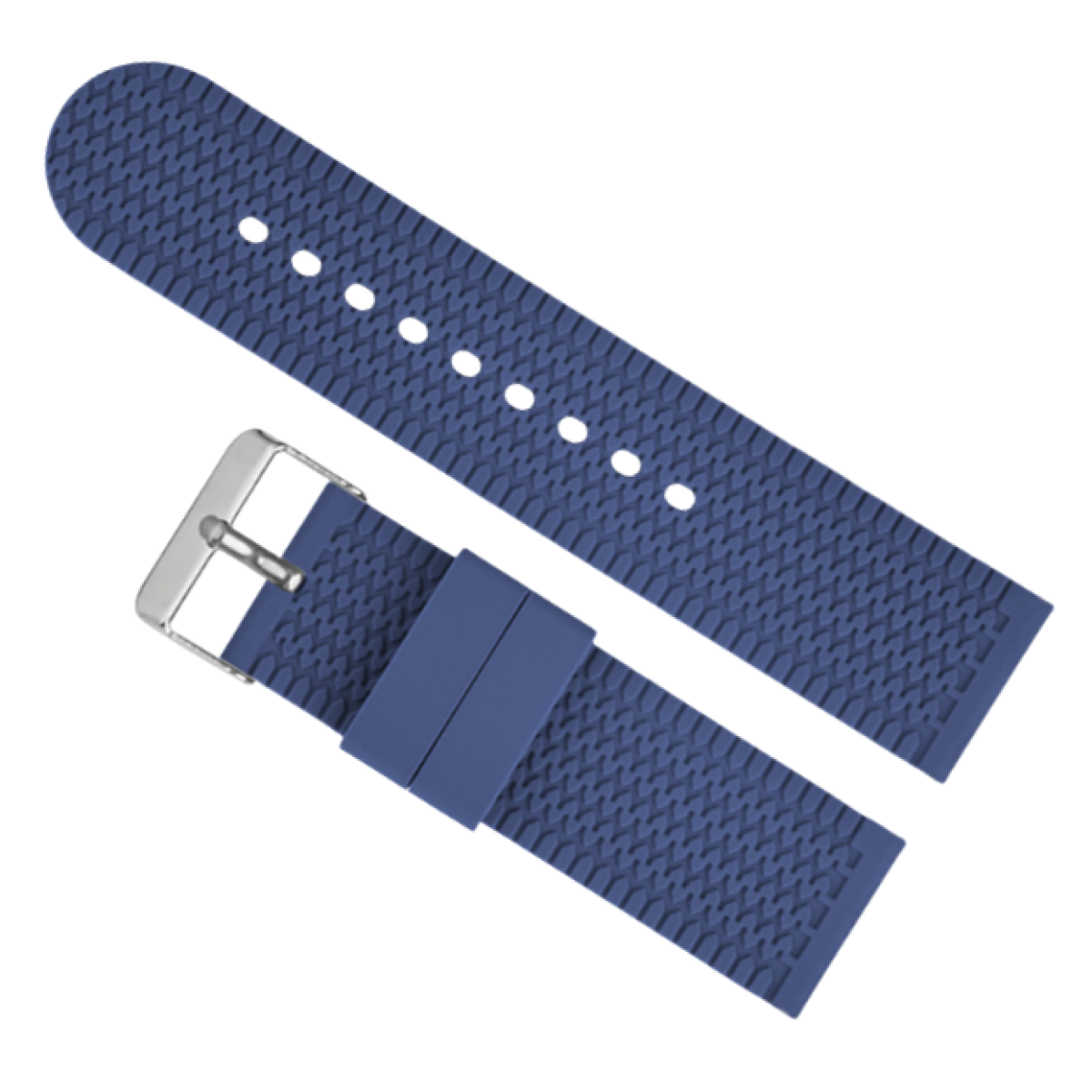 Zwei Uhrenarmbänder, blau mit strukturierter Oberfläche, silberne Schnalle. Ein Band abgetrennt.