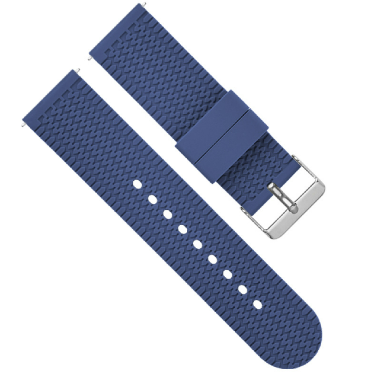 Zwei blaue Uhrenarmbänder mit strukturiertem Muster. Ein silberner Verschluss ist an einem Band befestigt.
