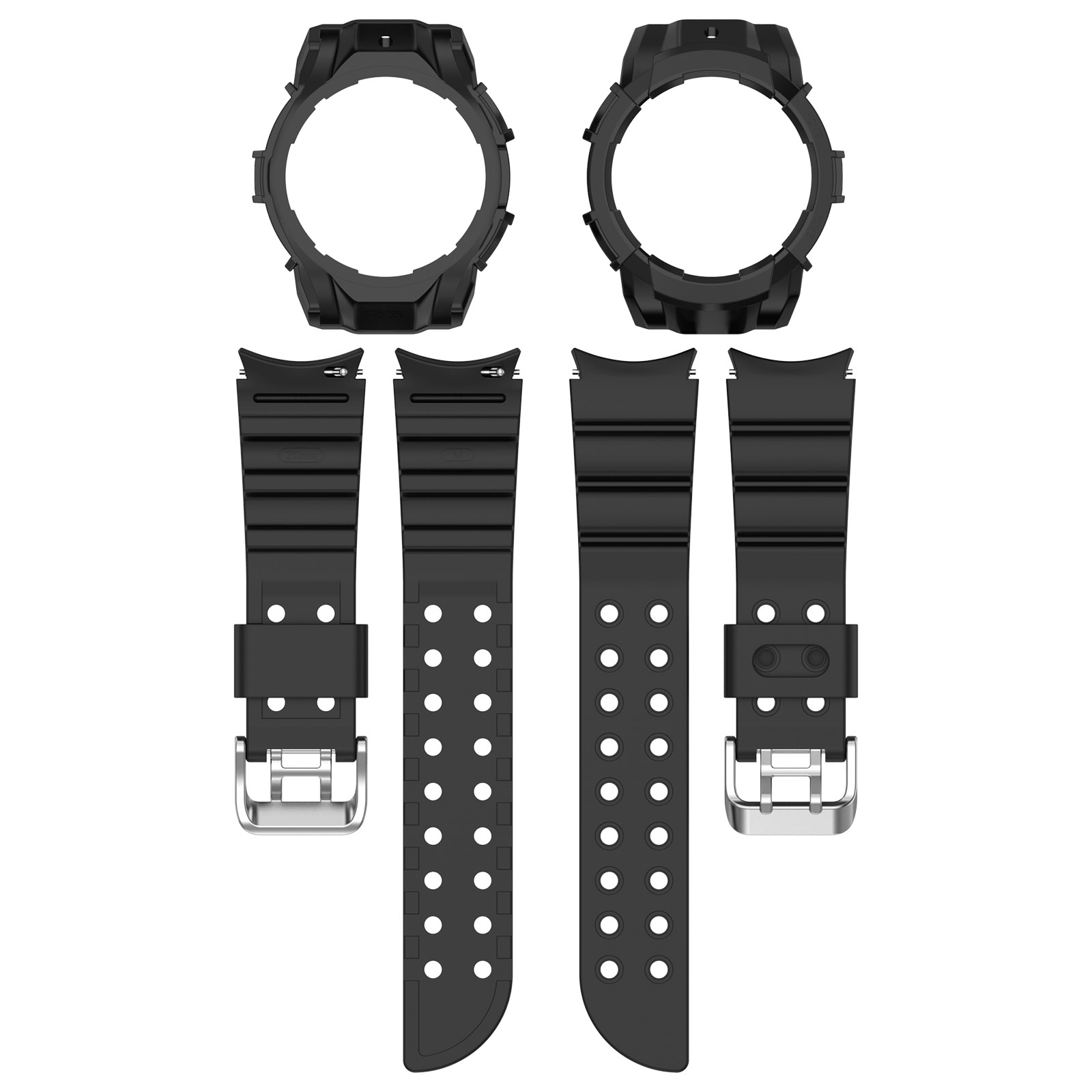 Cinturini e custodie per orologi. Cinturini neri con fibbie argentate e custodie protettive nere.