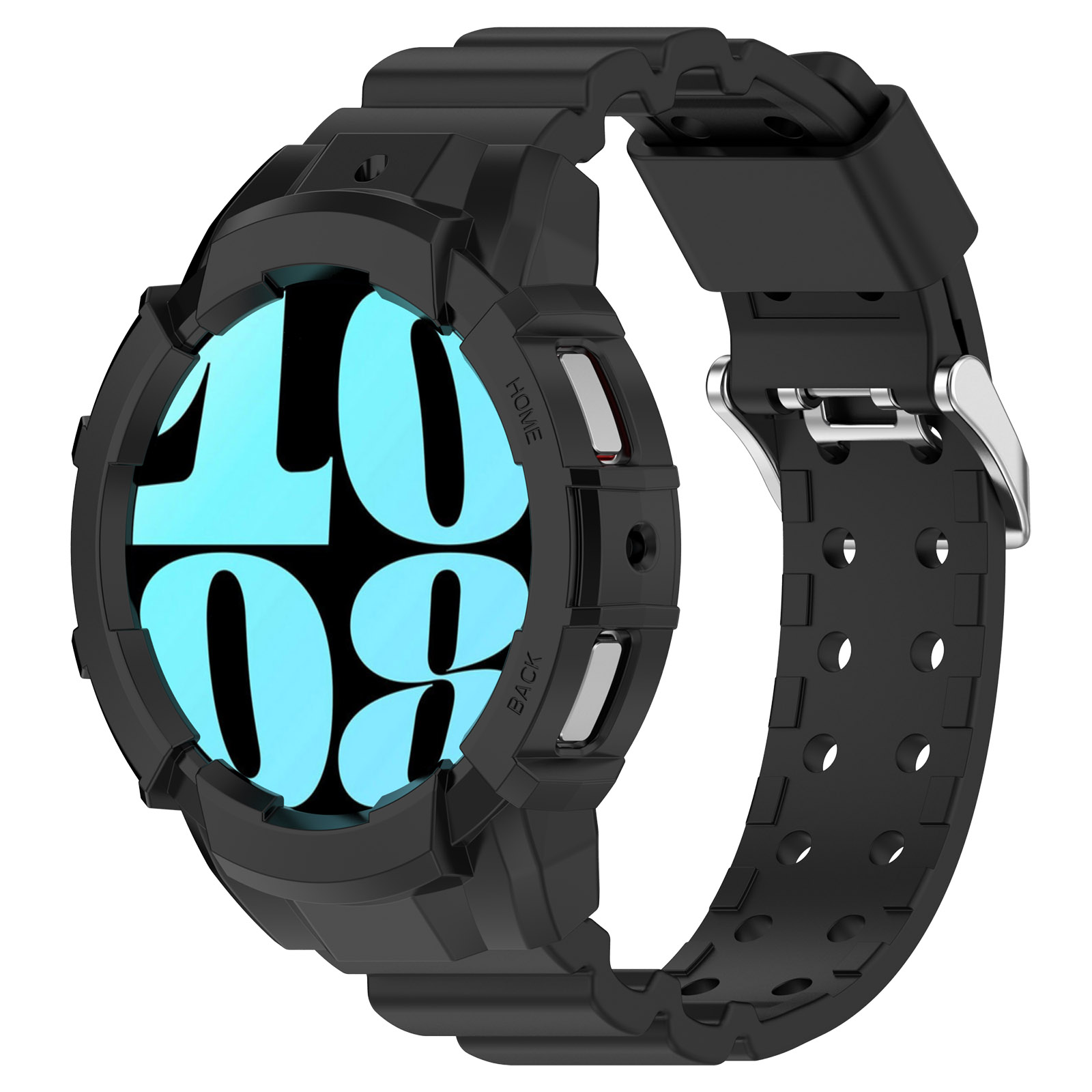 Uno smartwatch nero con display blu. Ha dettagli argentati e cinturino nero. Con etichette HOME e BACK.