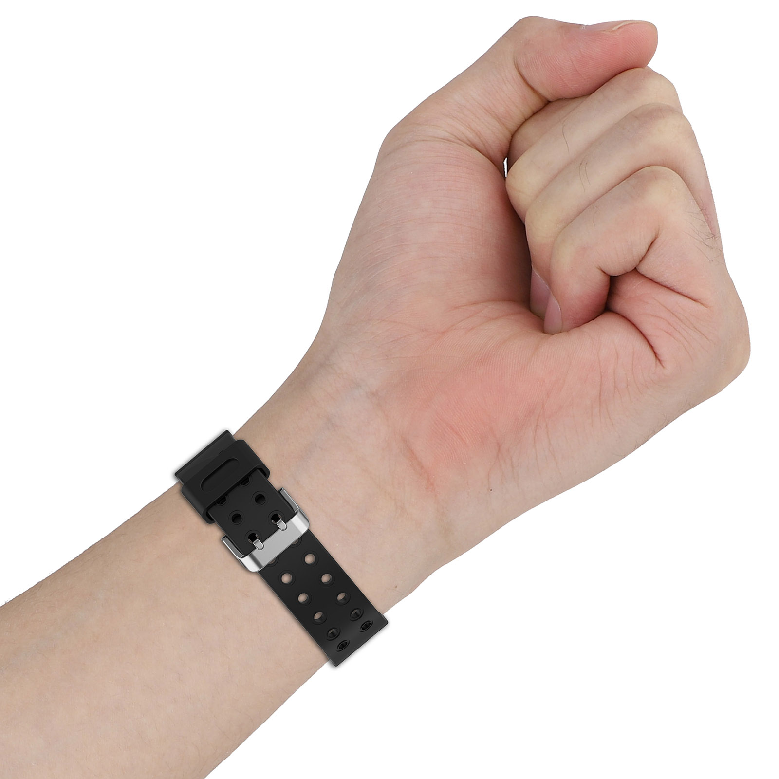 Una mano che indossa un cinturino nero con fibbia argentata.