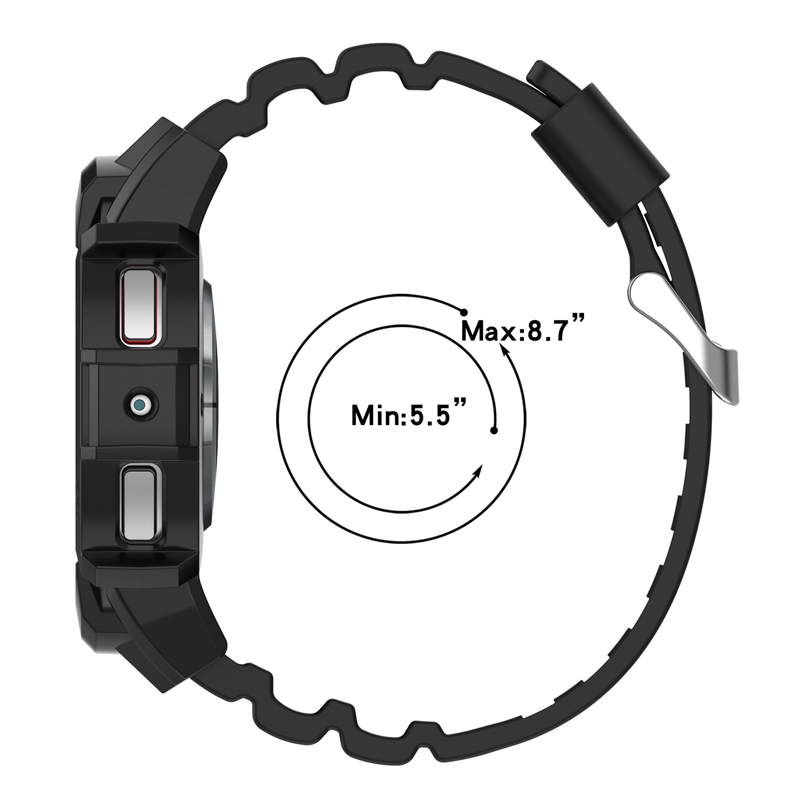 Orologio nero con cinturino nero. L'immagine mostra la vista laterale con misure.
