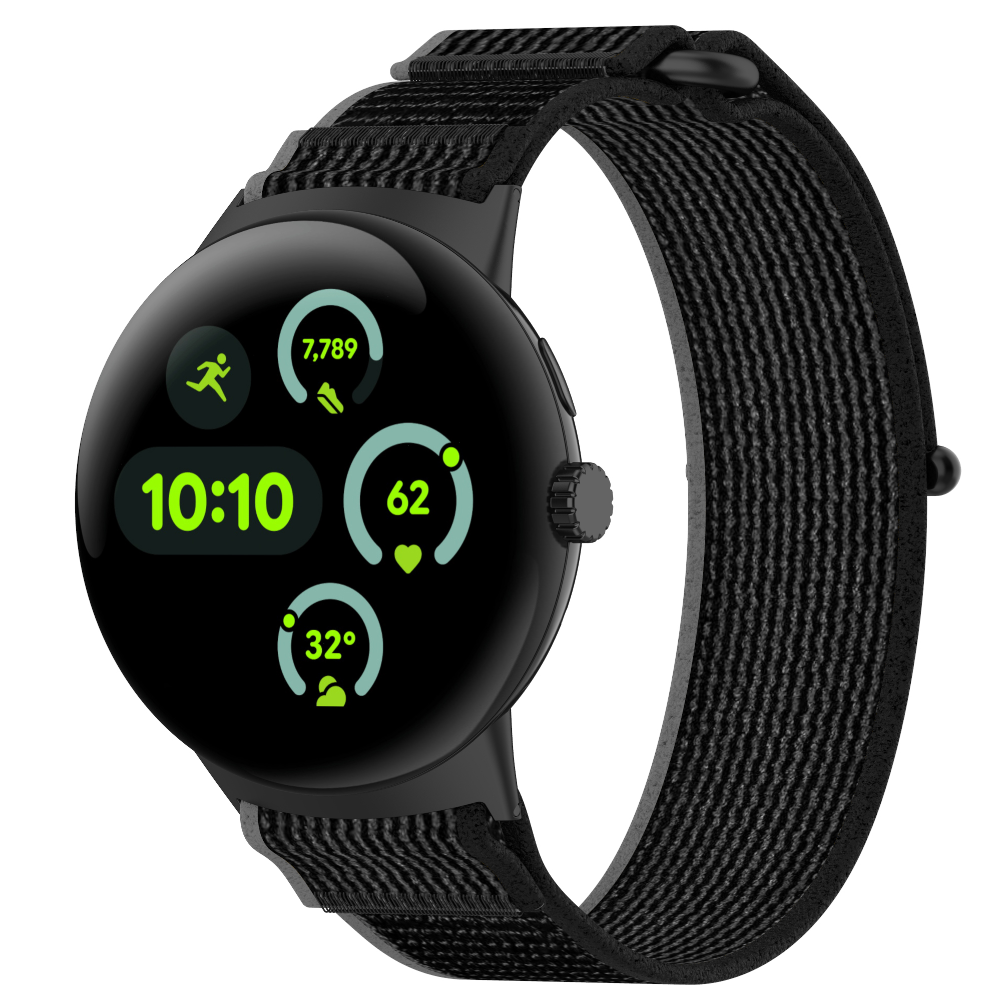 Schwarze Smartwatch mit schwarzem Stoffarmband. Der Bildschirm zeigt Zeit, Schritte und Temperatur.