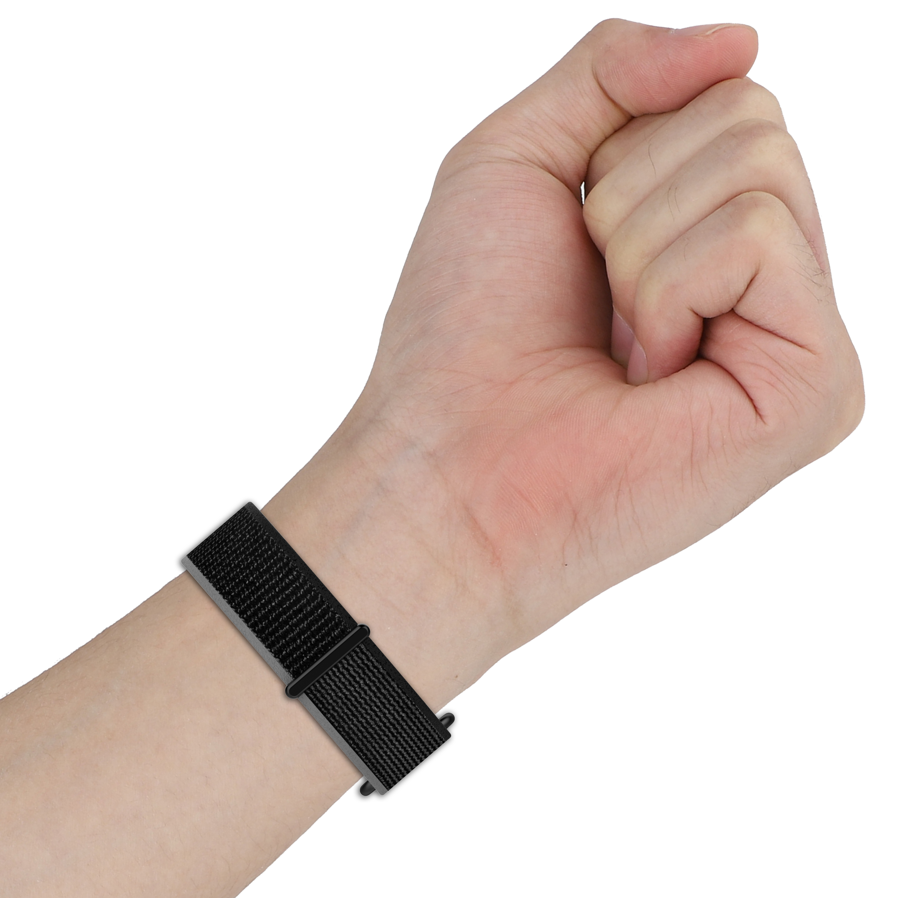 Ein Handgelenk mit einem schwarzen Uhrenarmband. Das Armband besteht aus einem Mesh-Material.