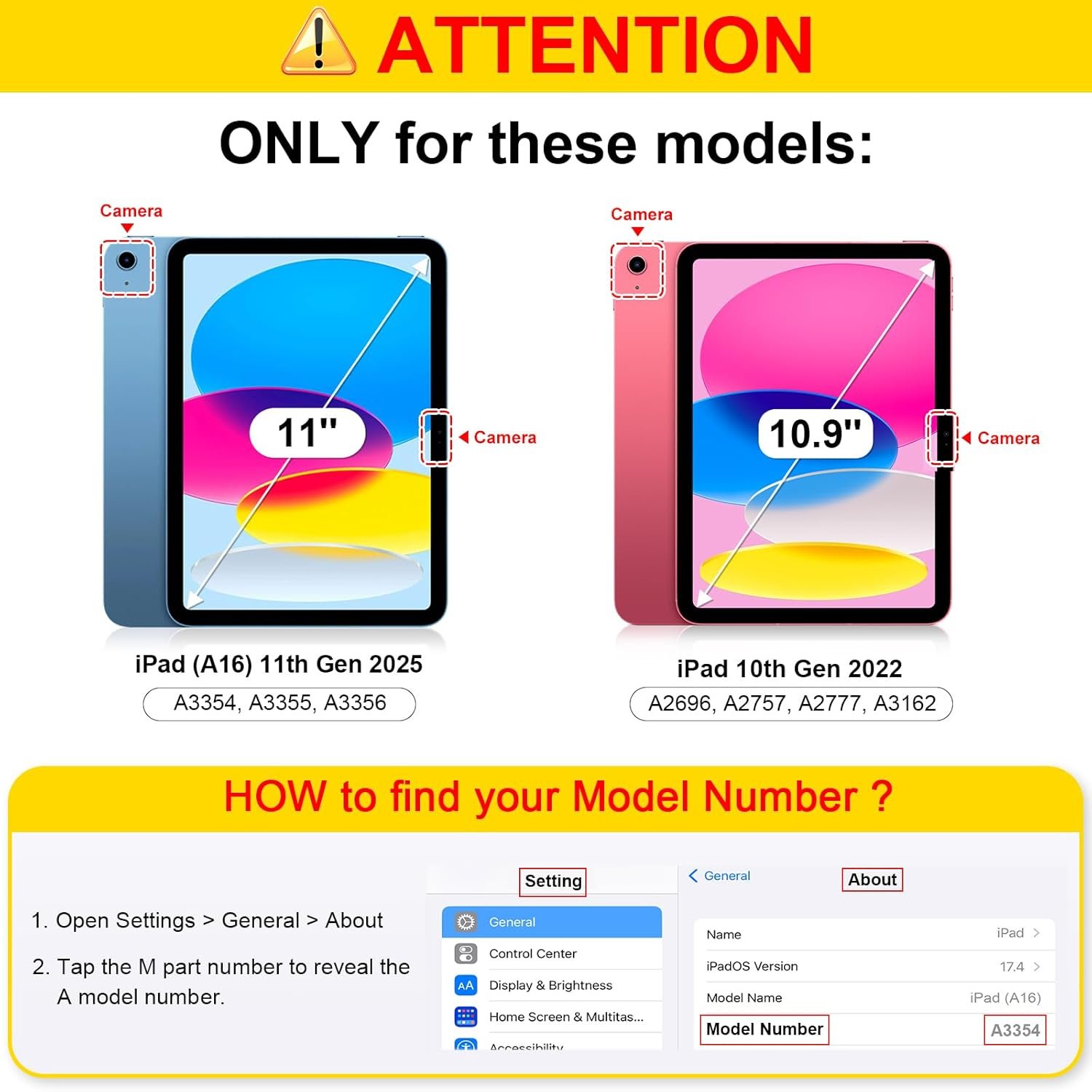 Zwei iPads, eines 11 Zoll und das andere 10,9 Zoll, mit einem gelben Informationsfeld und Text zu Modellnummern.