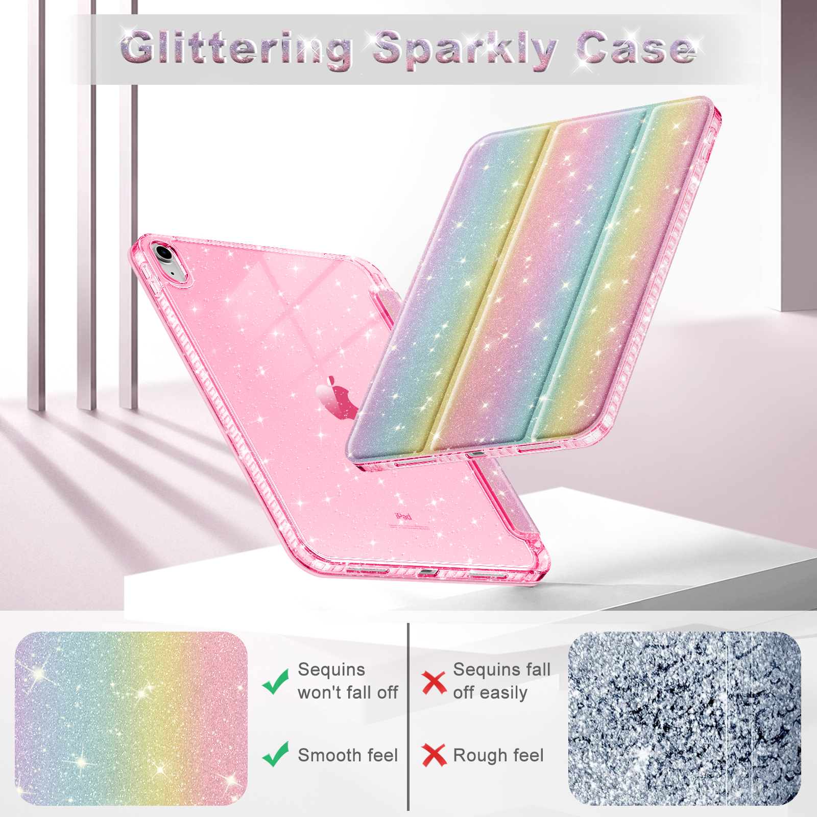 Rosa iPad-Hülle mit Glitzer, offen, um den Bildschirm zu zeigen. Unten sind Details zu den Pailletten. Die Hülle liegt auf einer weißen Oberfläche.