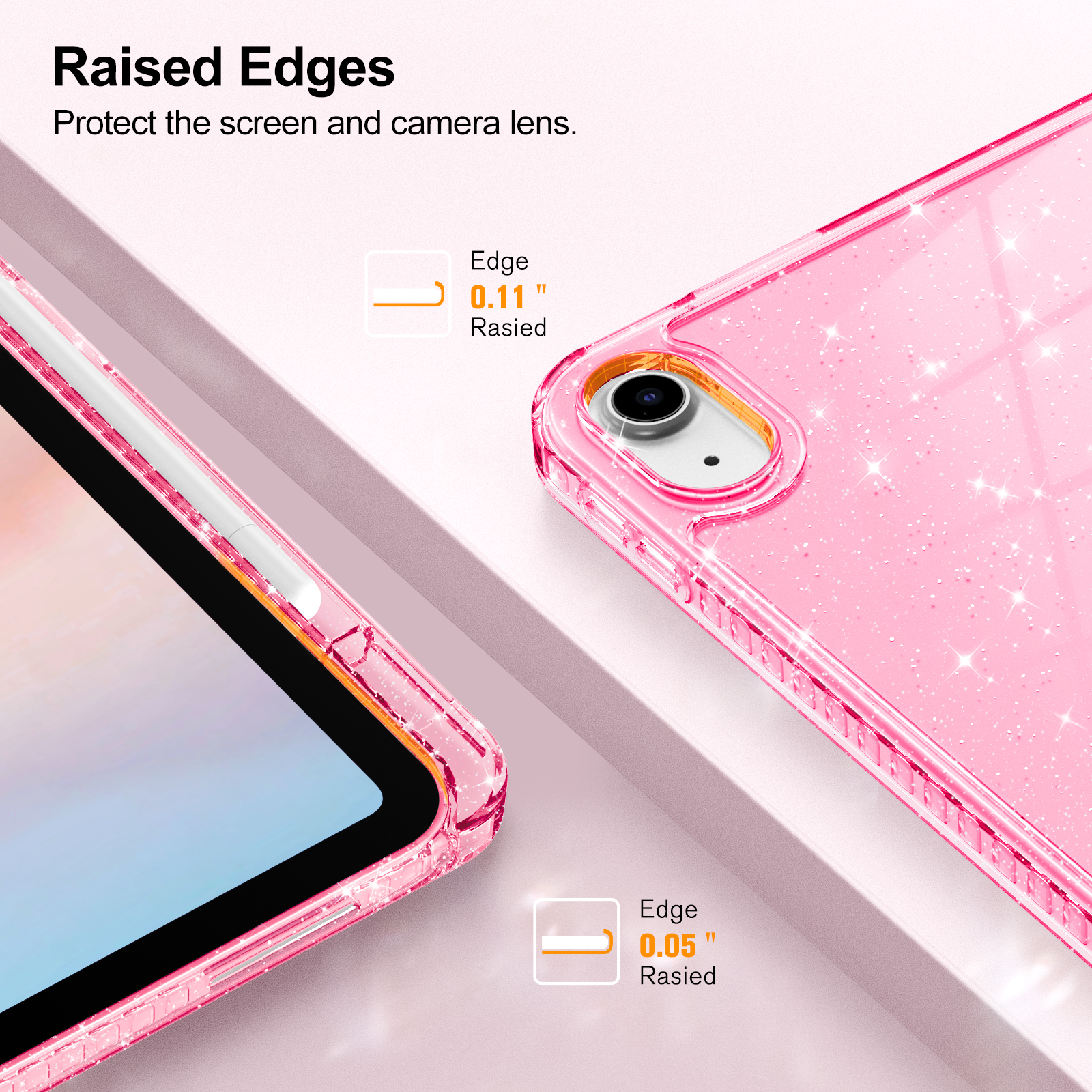 Nahaufnahme einer rosa iPad-Hülle mit erhöhten Kanten zum Schutz von Bildschirm und Kamera. Das iPad ist teilweise sichtbar.
