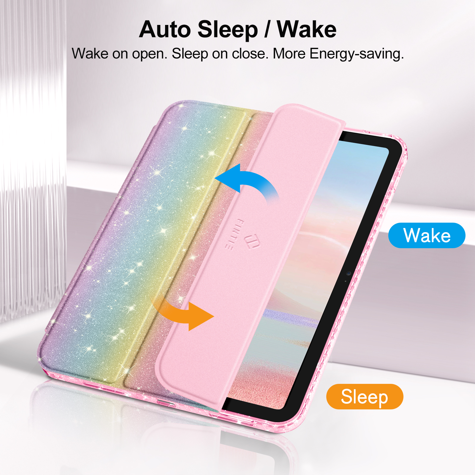 Geöffnete Tablet-Hülle, mit rosa Deckel und einem Regenbogen-Glitzer-Rücken.