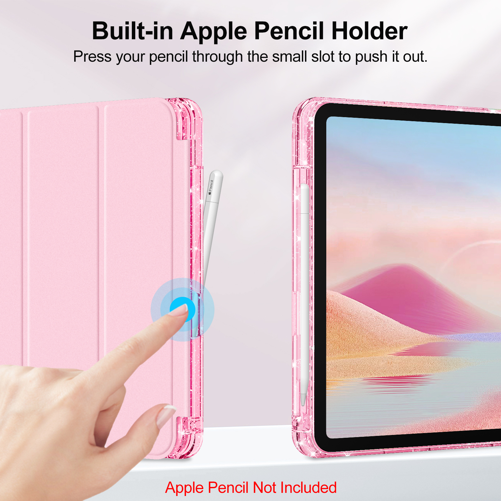 Hand drückt auf eine Tablethülle, um einen Apple Pencil herauszudrücken, mit Text darunter.