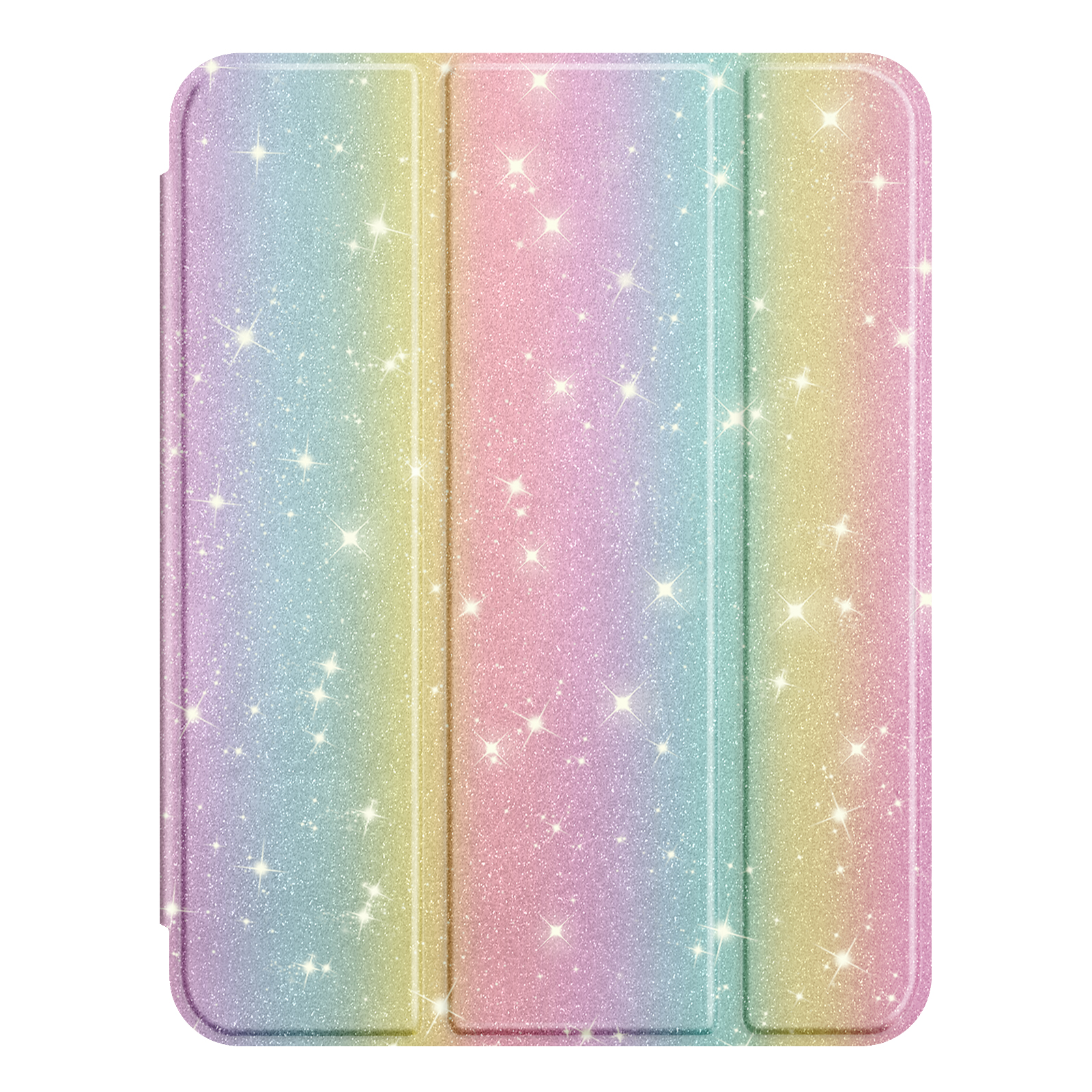 Tablet-Hülle geschlossen, Regenbogen-Glitzer auf der Vorderseite, weißer Hintergrund.