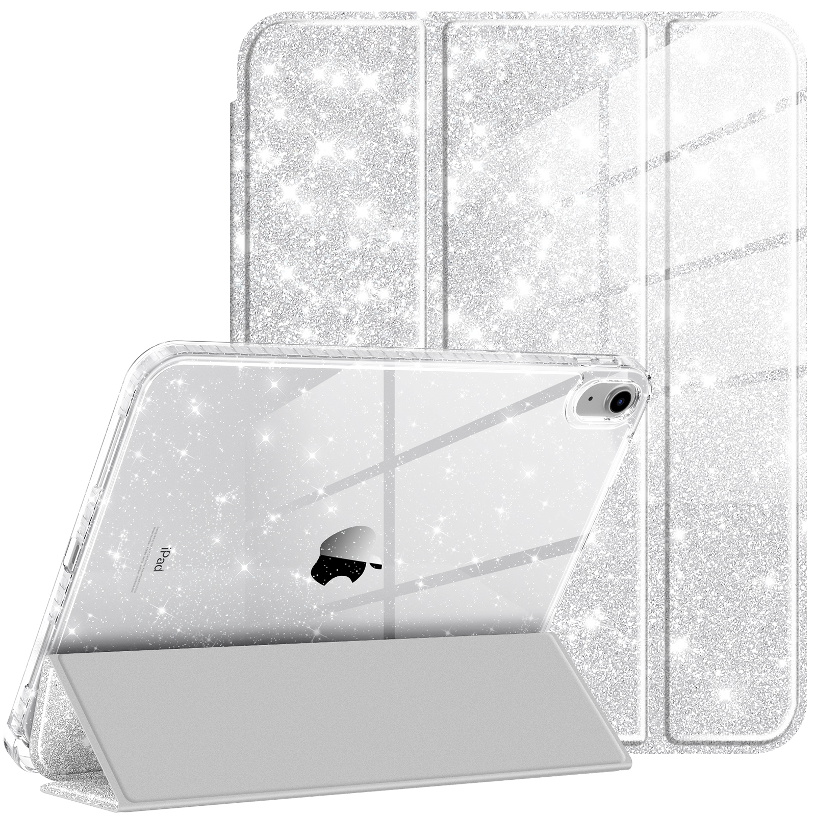 Silberne iPad-Hülle mit Glitzer, geöffnet. Das iPad befindet sich in der Hülle. Die Rückseite der Hülle ist sichtbar.