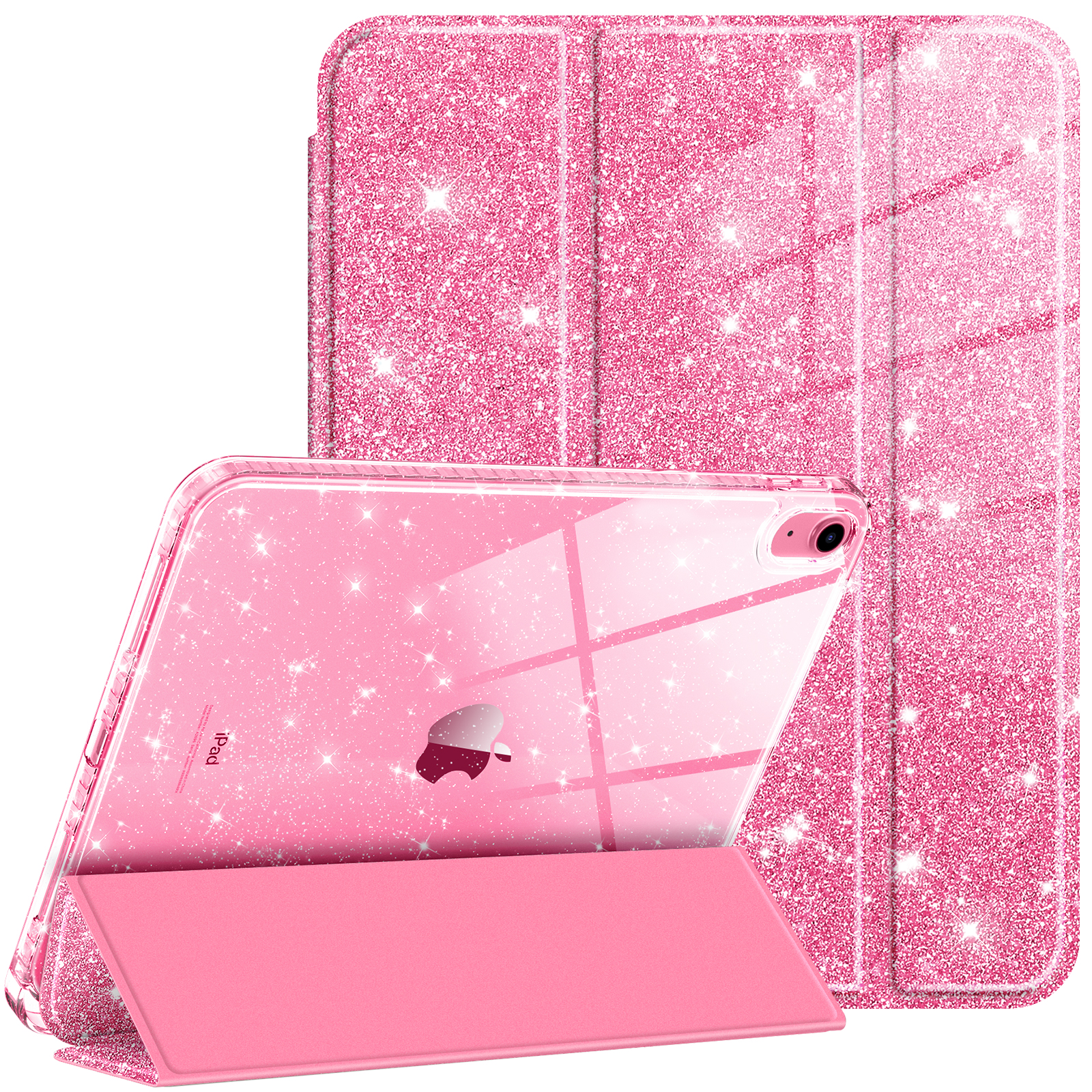 Rosa Glitzer-iPad-Hülle, geschlossen, mit dem iPad darin, weißer Hintergrund.