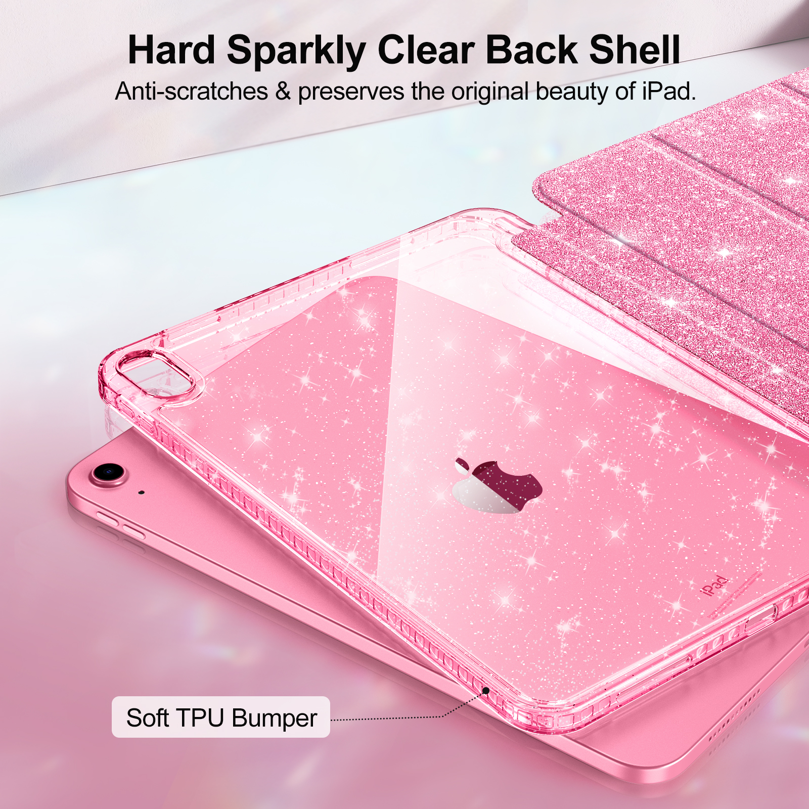 Nahaufnahme eines rosa iPads mit rosa Hülle. Die Hülle hat Glitzer. Die Rückseite des iPads ist sichtbar.