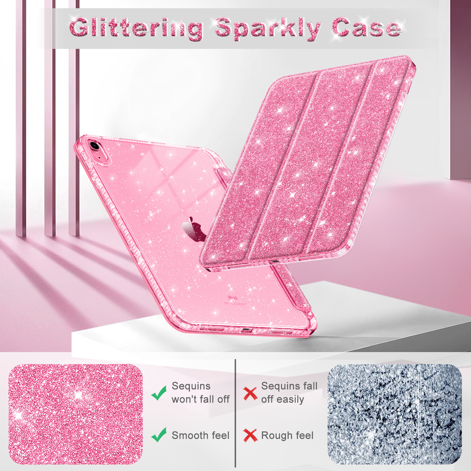 Rosa iPad-Hülle mit Glitzer, offen, um den Bildschirm zu zeigen. Unten sind Details zu den Pailletten. Die Hülle liegt auf einer weißen Oberfläche.