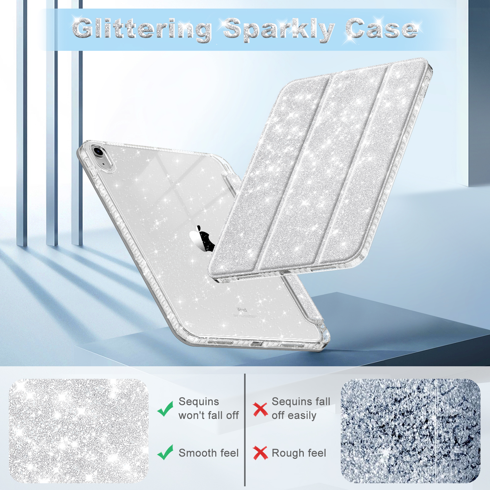 Silberne iPad-Hülle mit Glitzer, geöffnet. Das iPad befindet sich in der Hülle. Die Rückseite der Hülle ist sichtbar.