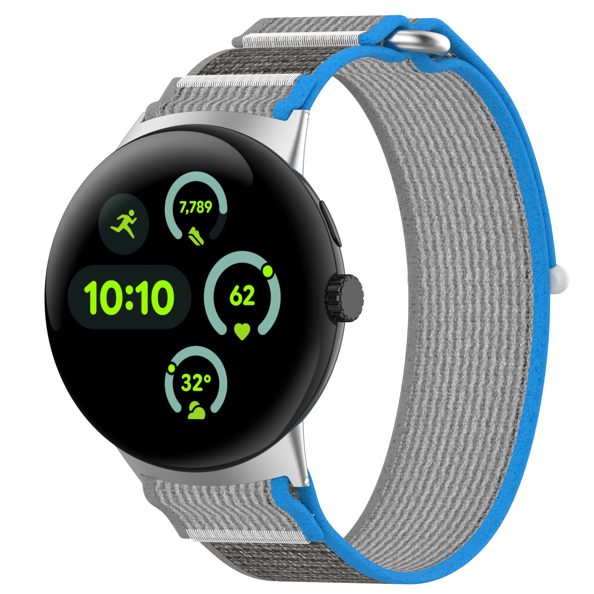 Eine Smartwatch mit grauem Band und blauem Rand zeigt die Uhrzeit und verschiedene Gesundheitsmetriken an.