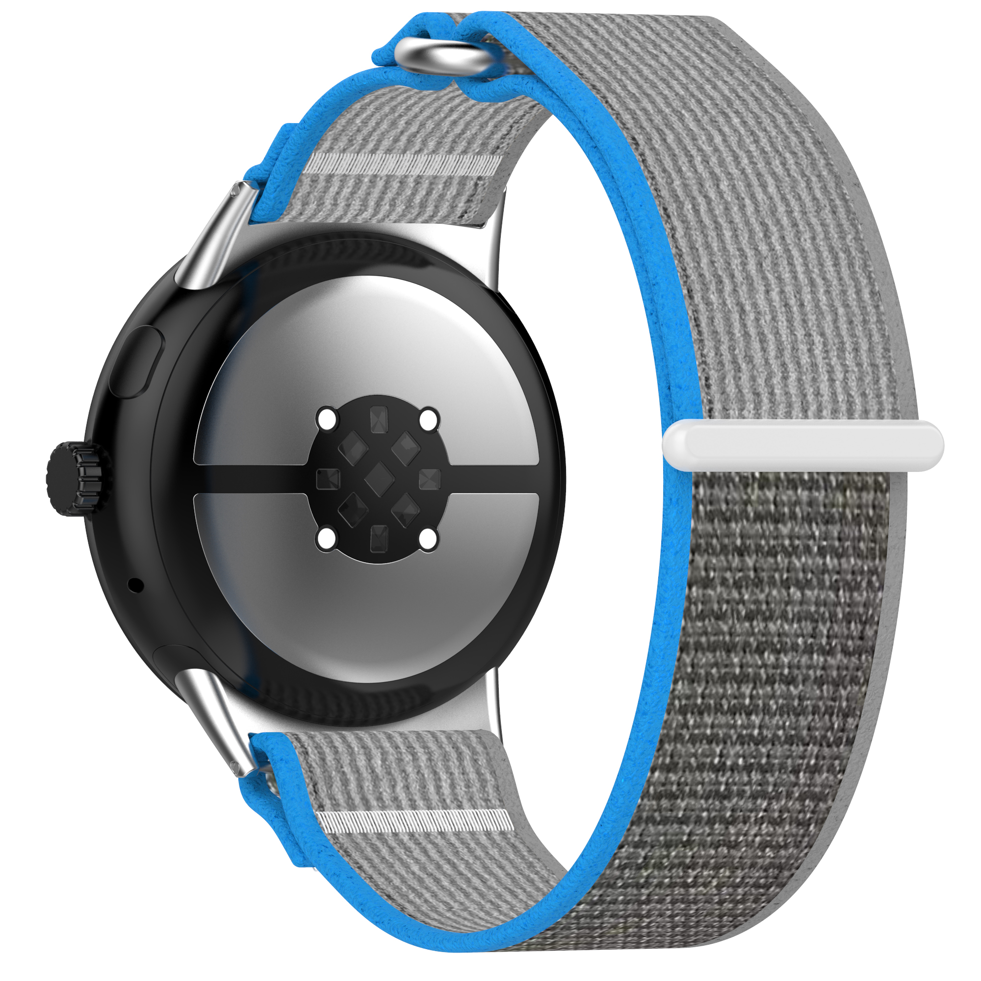 Nahaufnahme einer Smartwatch mit grauem Stoffband und blauem Streifen. Die Uhr ist schwarz und silber.