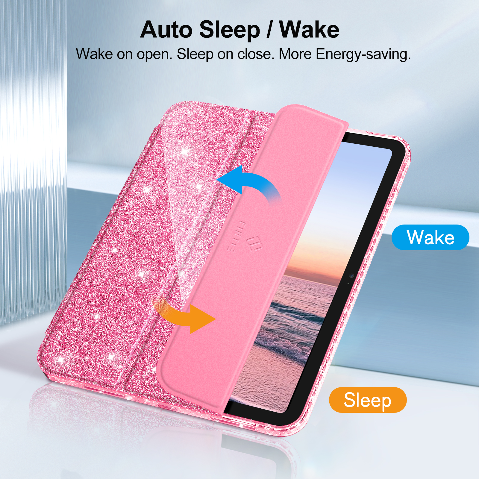 Eine rosa Tablet-Hülle mit automatischer Schlaf-/Wachfunktion und Pfeilen, die die Funktionalität anzeigen.