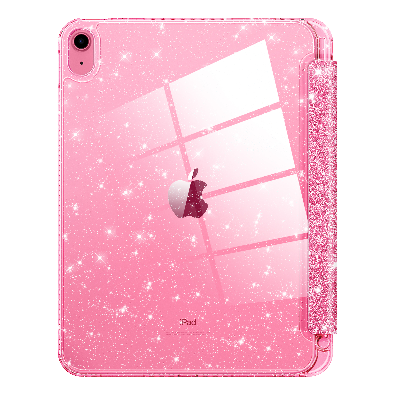 Eine rosa iPad-Hülle mit glitzerndem Finish und integriertem Ständer.