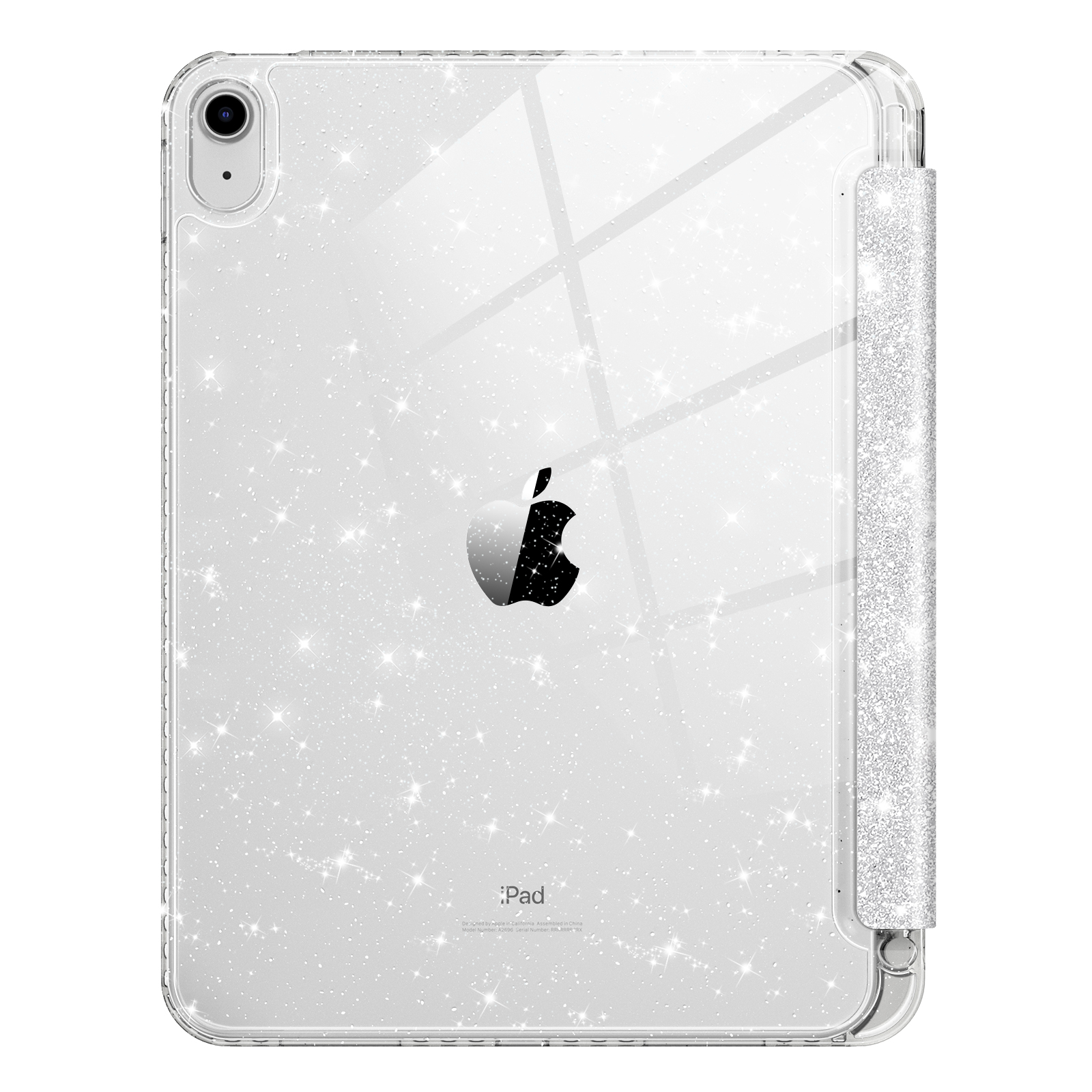 Eine silberne iPad-Hülle mit glitzerndem Finish und integriertem Ständer.