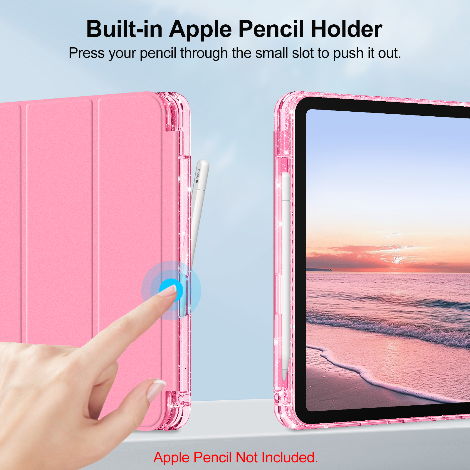 Eine Hand drückt einen Knopf, um einen Stift aus einer rosa iPad-Hülle freizugeben.