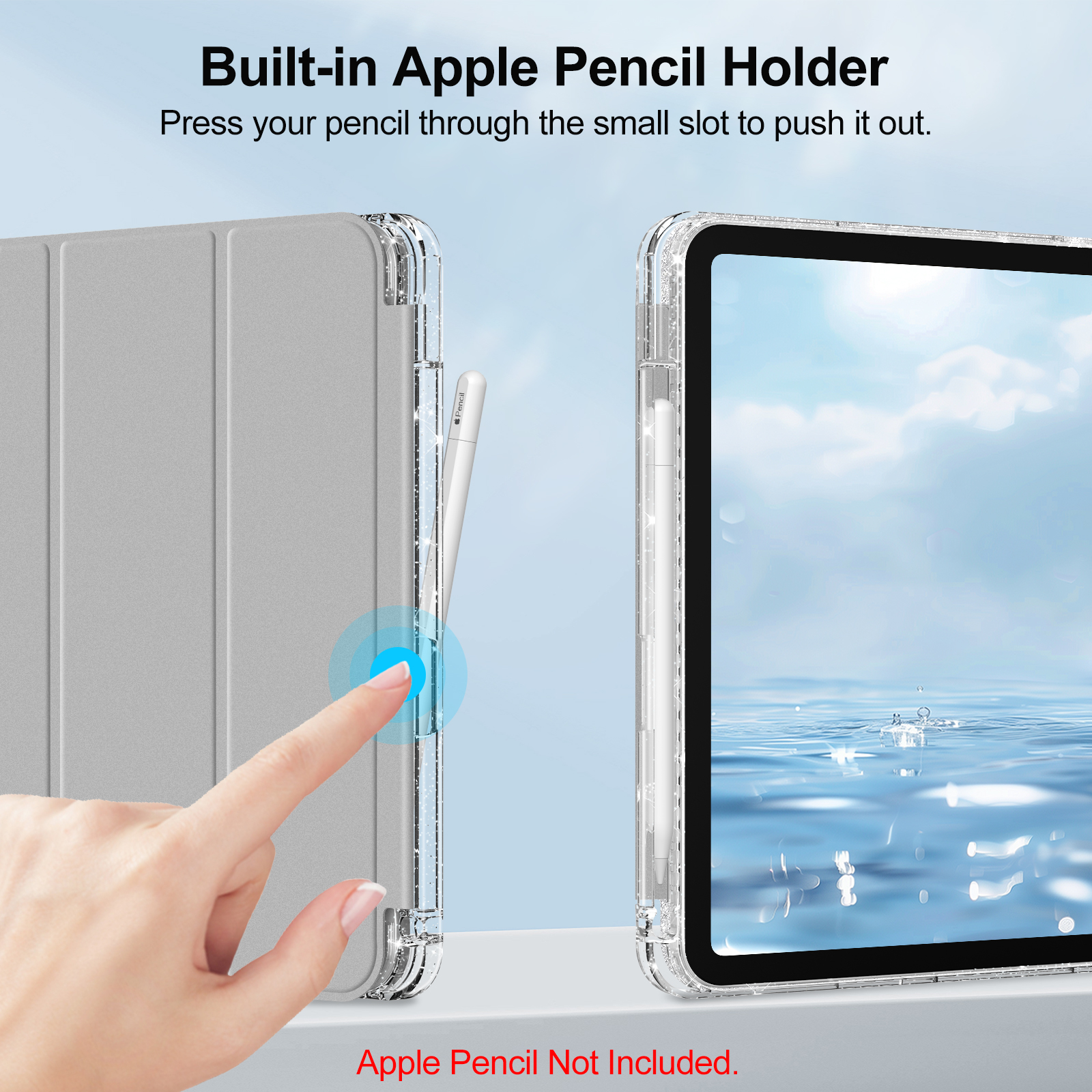 Eine Hand drückt einen Knopf an einer iPad-Hülle, um einen Stift freizugeben. Die Hülle ist grau.