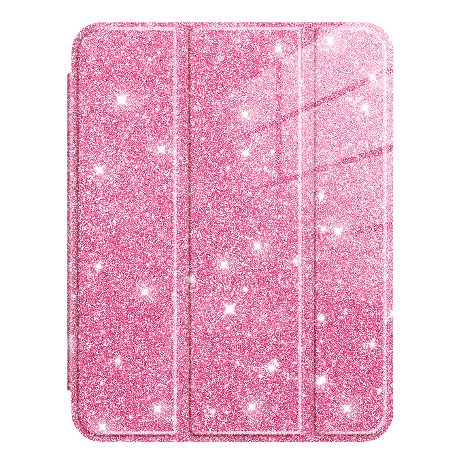 Eine rosa iPad-Hülle mit dreifach gefalteter Abdeckung liegt flach und funkelt.