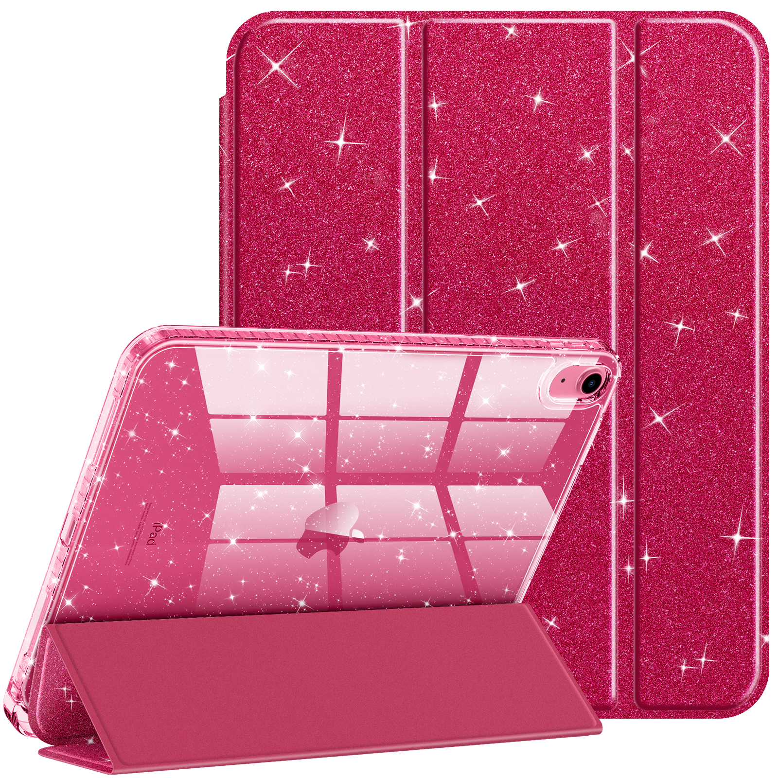 Rosa, glitzernde iPad-Hülle mit klarer Vorderseite, die das Apple-Logo zeigt. Die Abdeckung ist gefaltet.