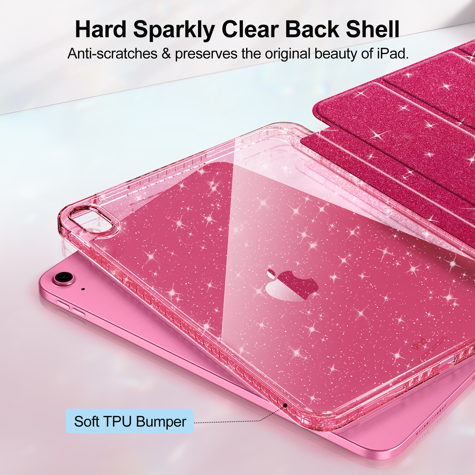 Ein rosa iPad in einer durchsichtigen, glitzernden Hülle wird von einer rosa dreifach gefalteten Abdeckung gehalten.