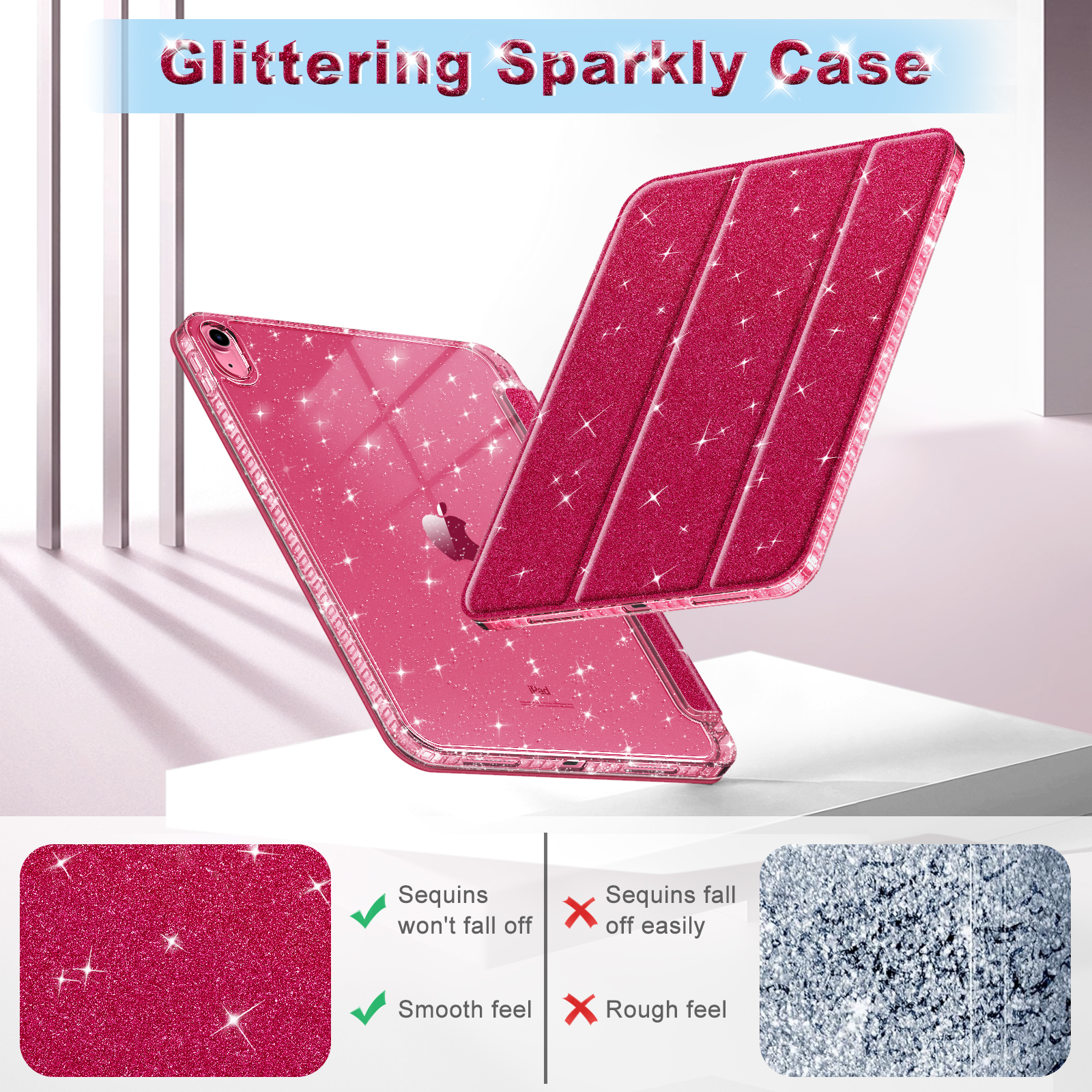 Ein rosa iPad in einer glitzernden Hülle wird von einer rosa dreifach gefalteten Abdeckung auf einer weißen Oberfläche gehalten.