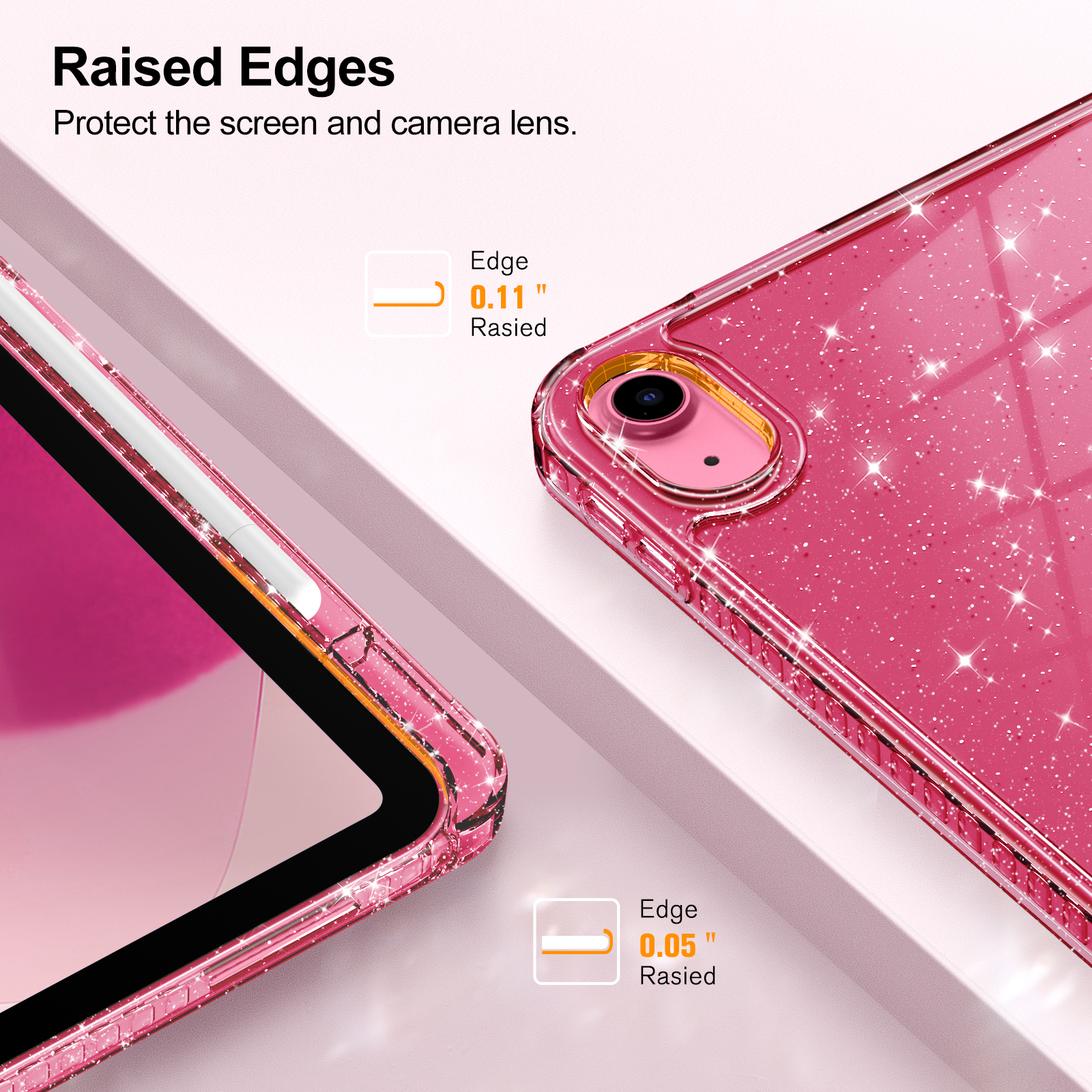 Nahaufnahme einer rosa, glitzernden iPad-Ecke. Die erhöhten Kanten schützen den Bildschirm.