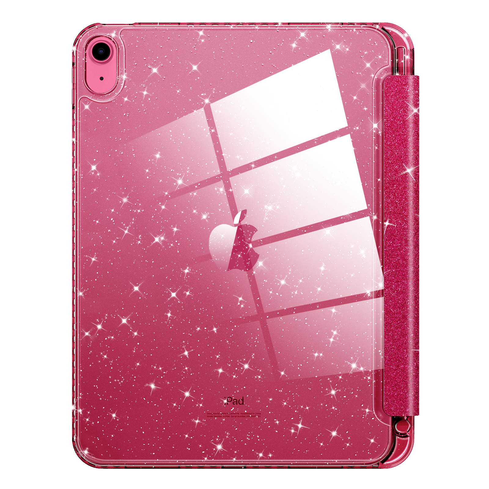Eine kastanienbraune iPad-Hülle mit glitzerndem Finish und integriertem Ständer.
