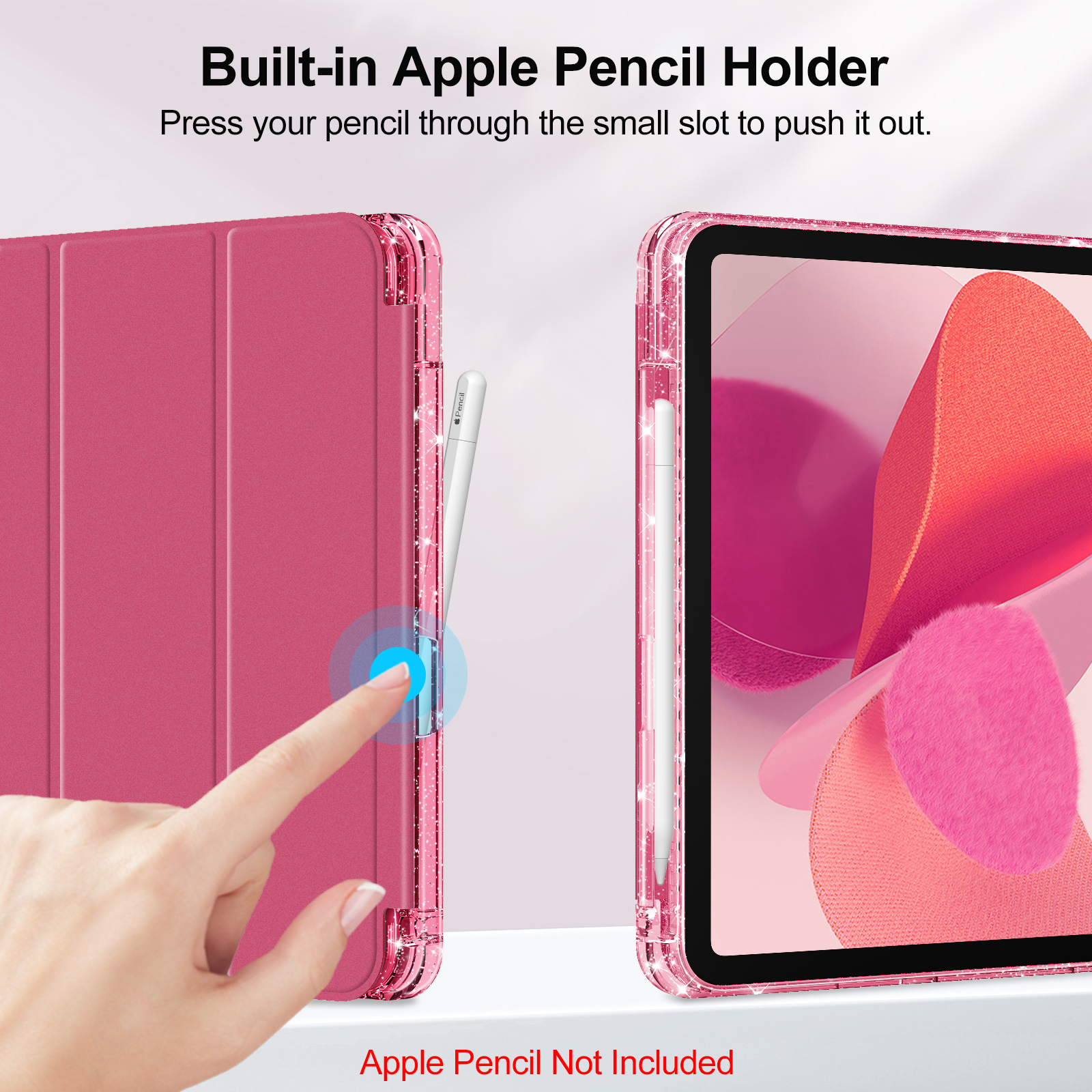 Eine Hand drückt einen Knopf, um einen Stift aus einer rosa iPad-Hülle freizugeben.