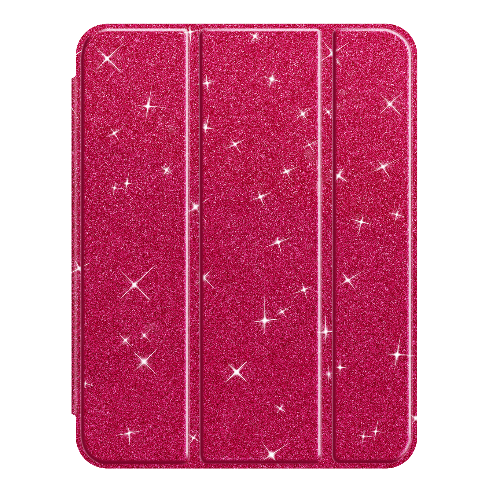 Eine geschlossene, rosafarbene Glitzer-iPad-Hülle. Die Hülle ist rechteckig mit drei Faltpaneelen.