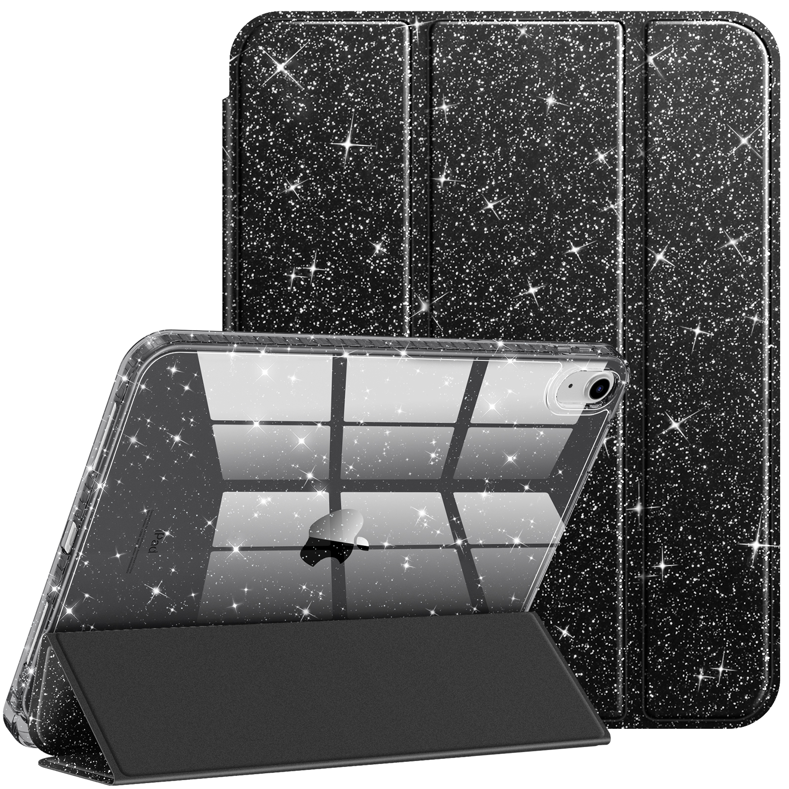 Schwarze, glitzernde iPad-Hülle mit klarer Vorderseite, die das Apple-Logo zeigt. Die Abdeckung ist gefaltet.