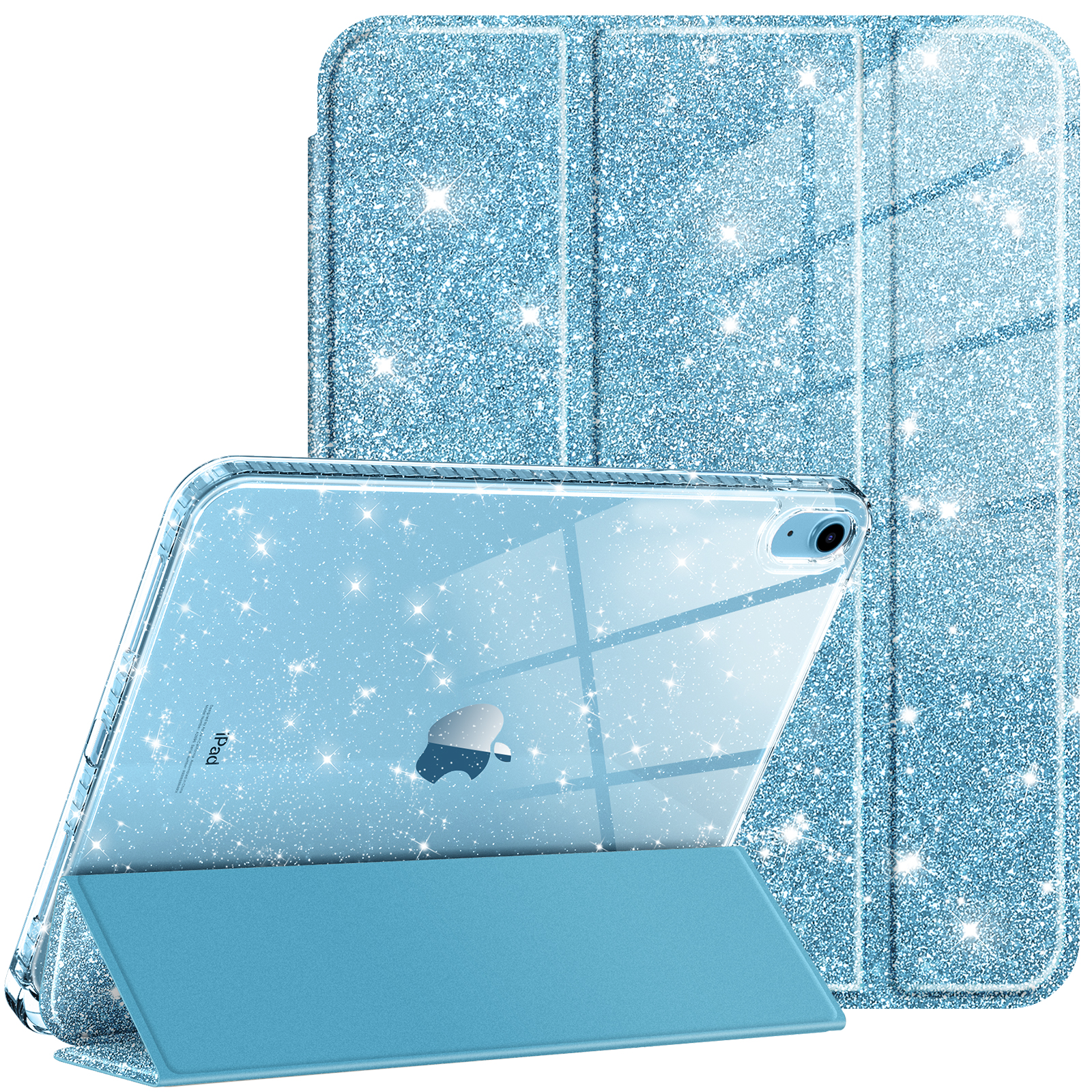 Blaue, glitzernde iPad-Hülle mit klarer Vorderseite, die das Apple-Logo zeigt. Die Abdeckung ist gefaltet.