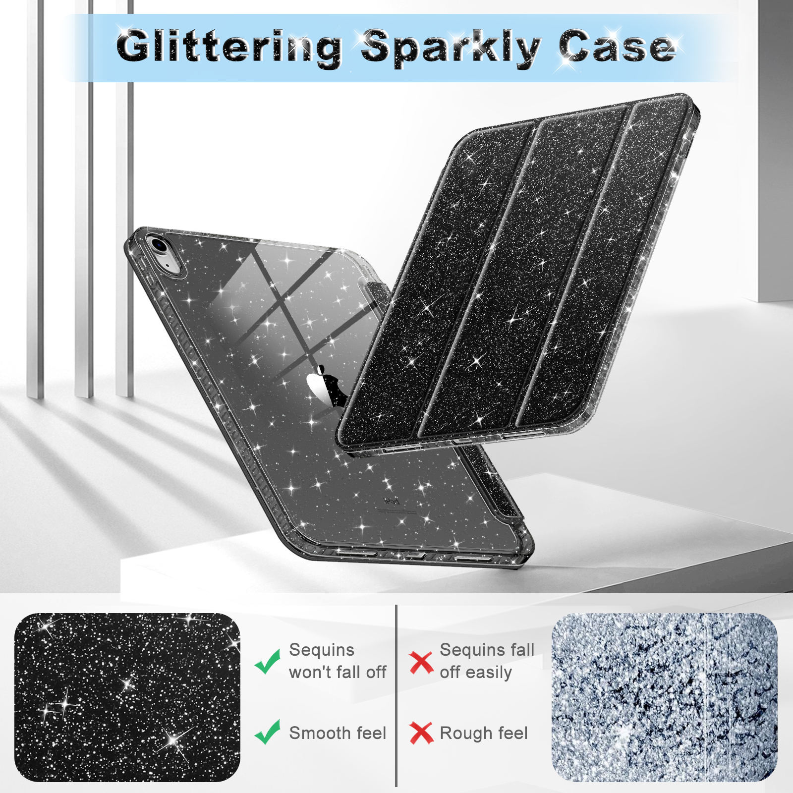 Eine iPad-Hülle mit klarer, glitzernder Vorderseite und schwarzer Rückseite. Details der Glitzer.